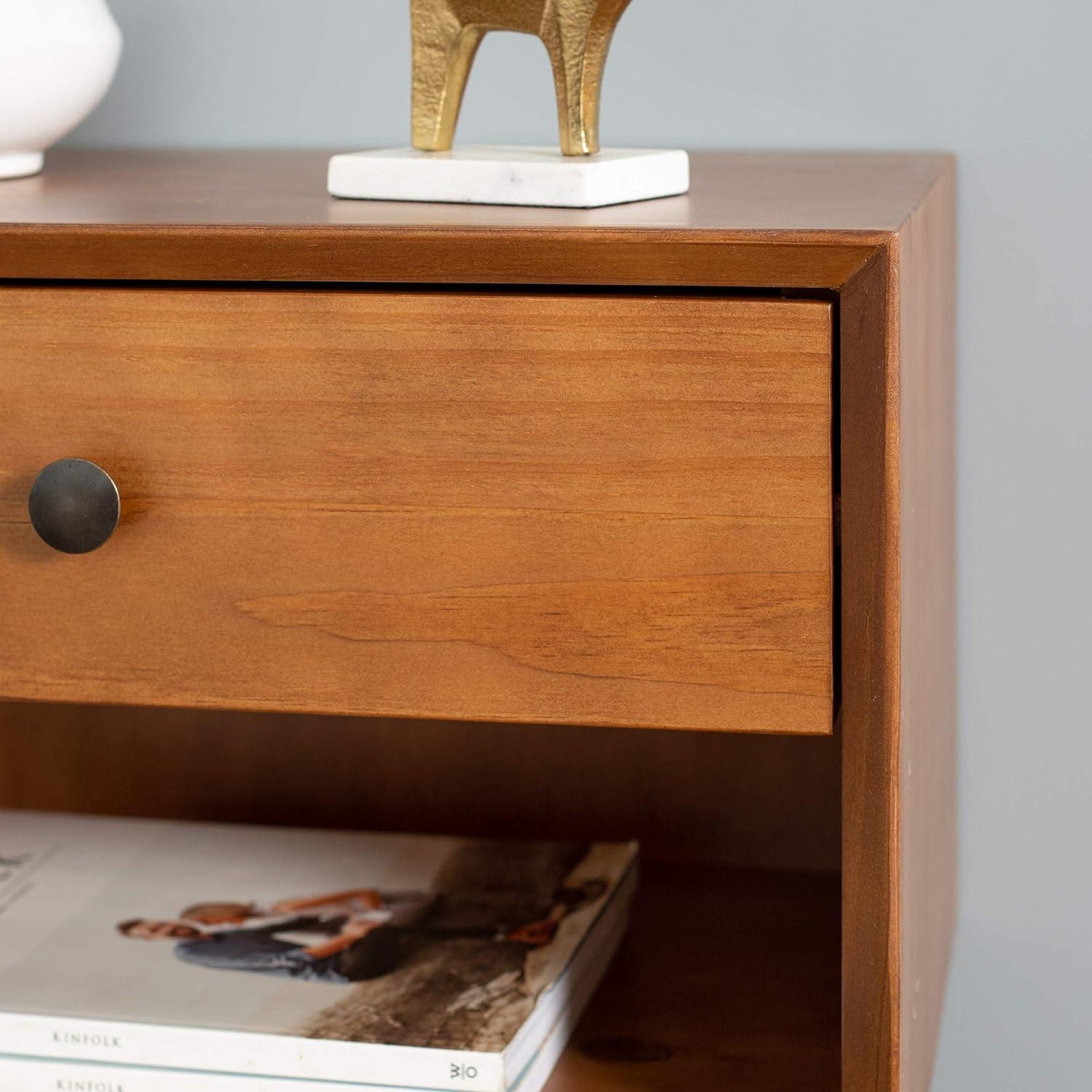 Mid-Century Caramel Solid Pine Nightstand with Antique Metal Hardware