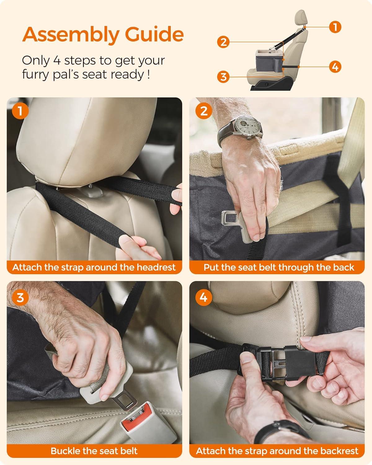 Feandrea Dog Car Seat, Pet Booster Seat for Small Dogs up to 18 lb, with Adjustable Straps, Removable Washable Fleece Liner, 4 Pockets, for Front Seats, Back Seats, Gray and Beige UPBS042G01