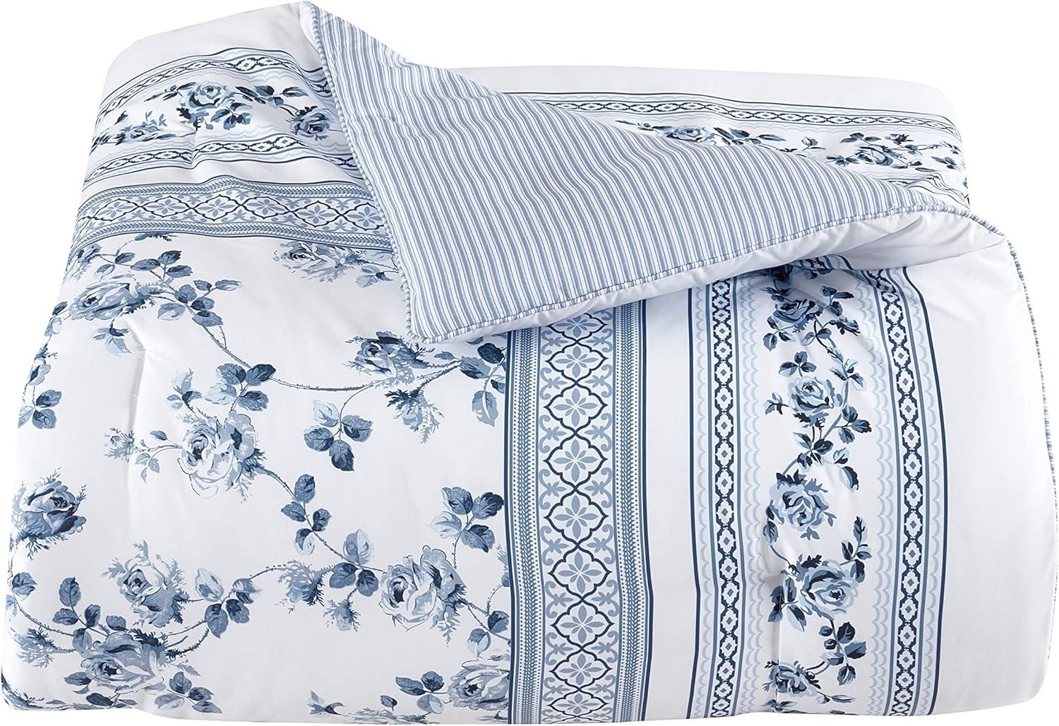 French Blue Floral and Stripe Reversible Full Comforter Set