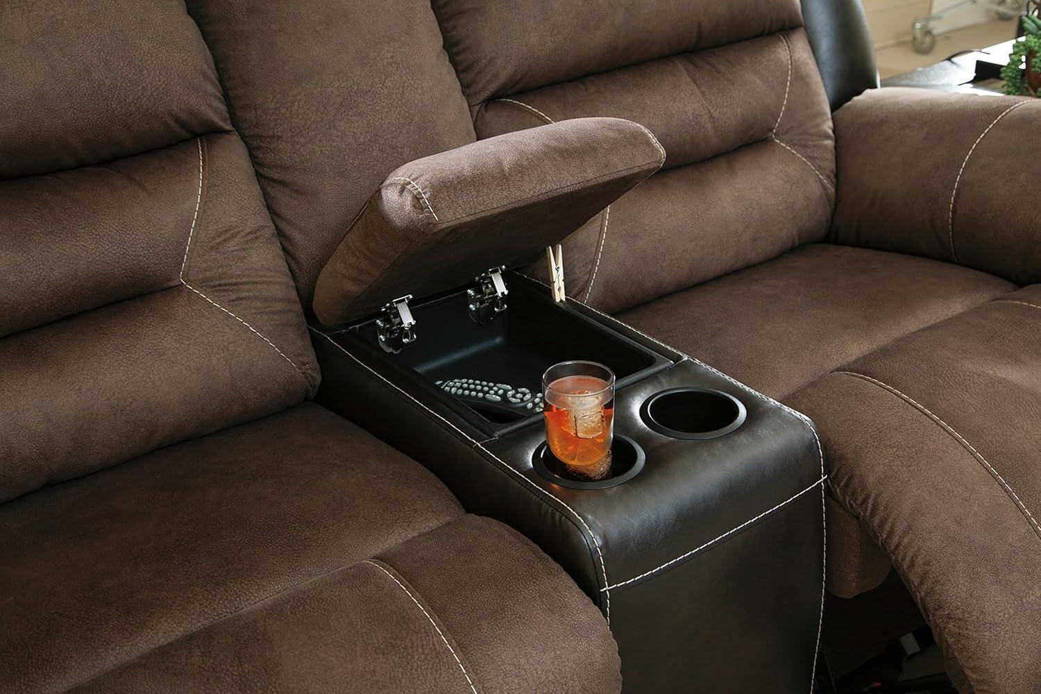 Chestnut Faux Leather Reclining Loveseat with Cup Holder and Pillow Back
