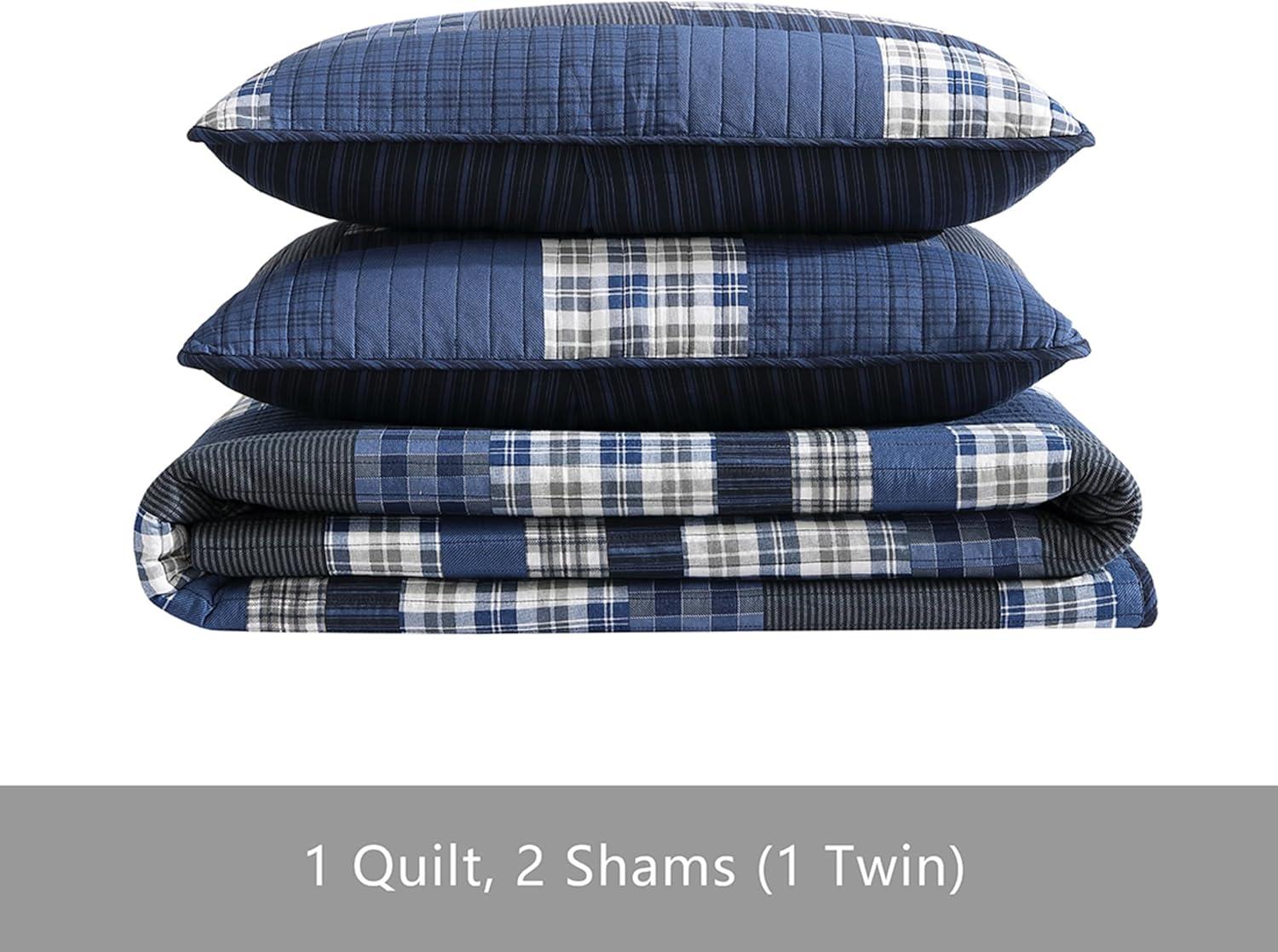 Full Blue Cotton Reversible Quilt Set