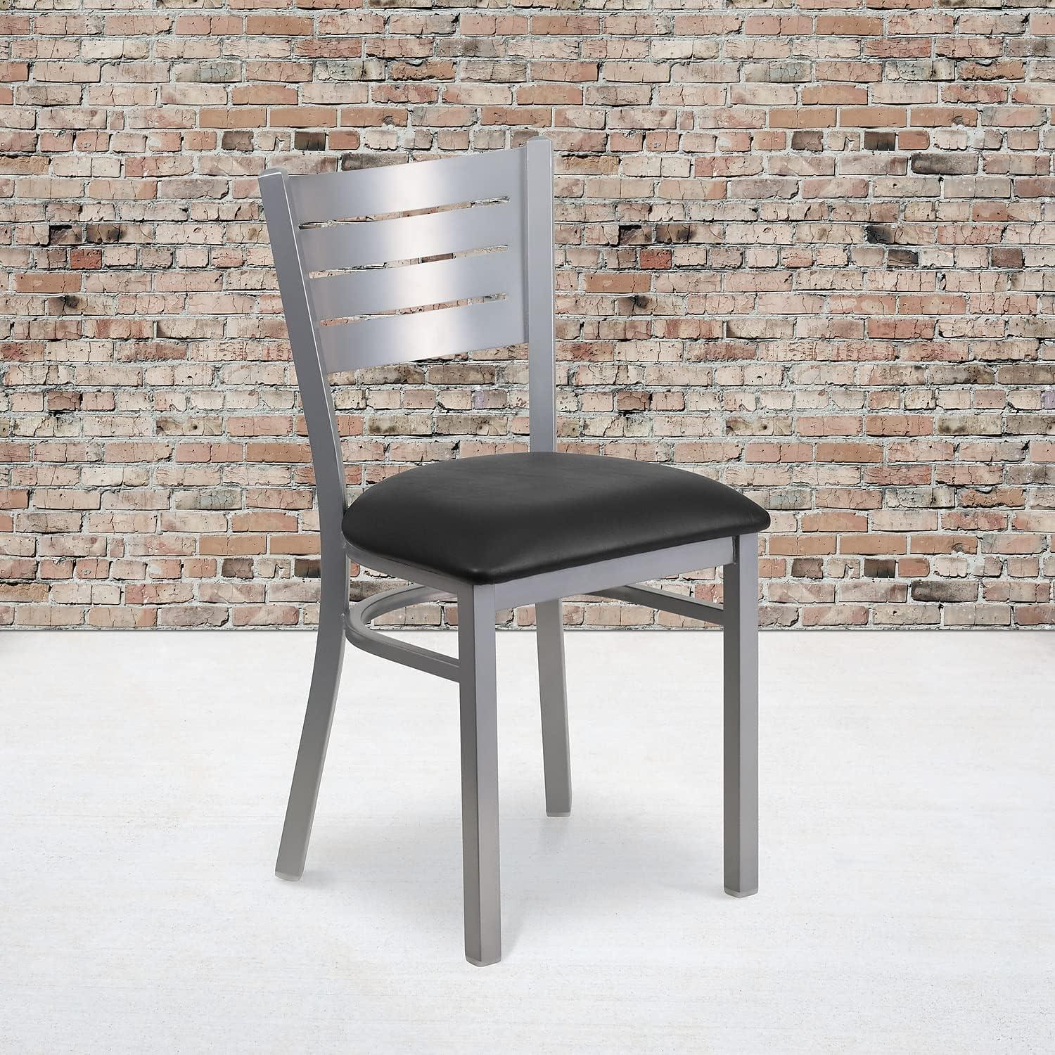Flash Furniture HERCULES Series Silver Slat Back Metal Restaurant Chair - Black Vinyl Seat
