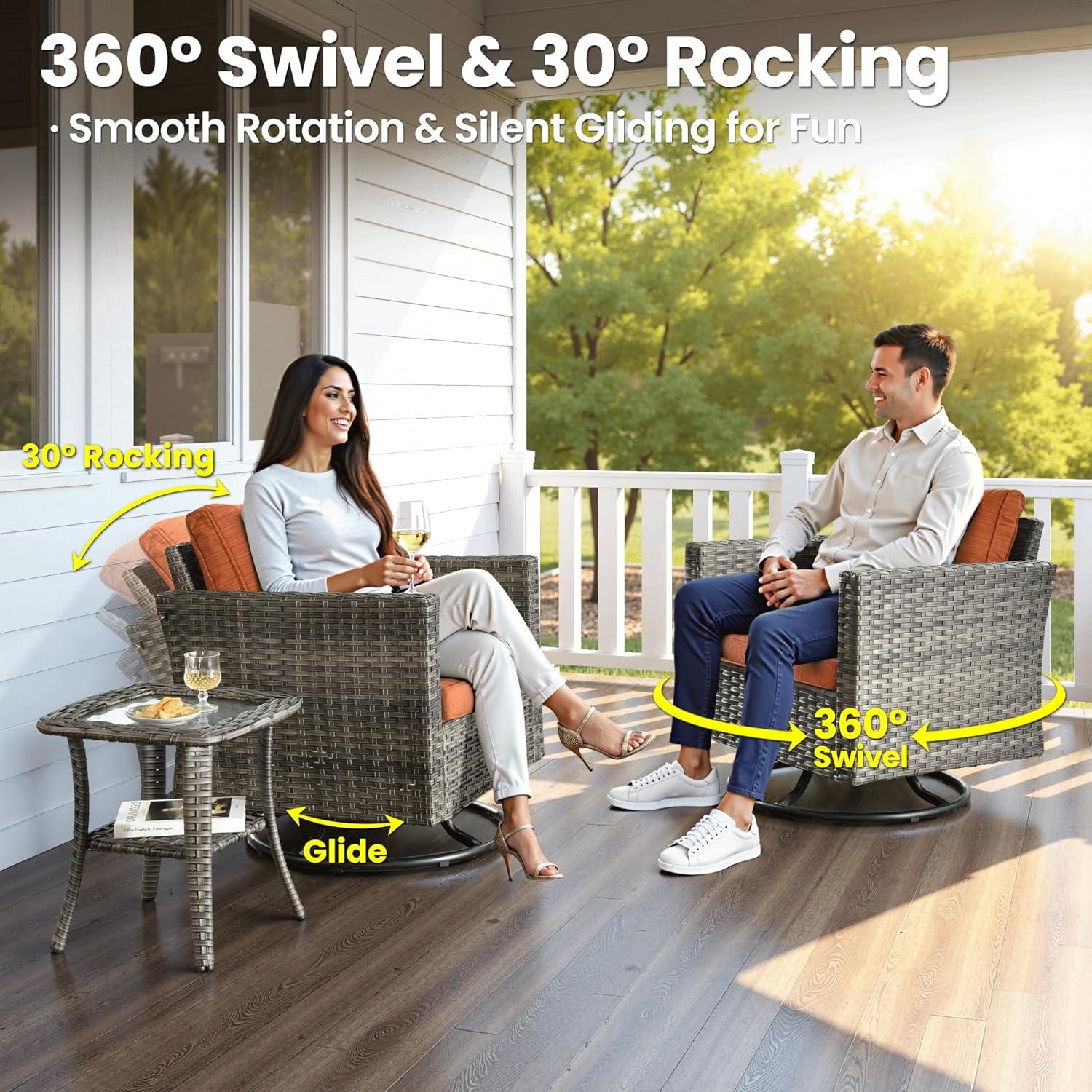 OVIOS  8-piece Rattan Wicker Patio Furniture Set Swivel Rocking Chair Set Red/Orange