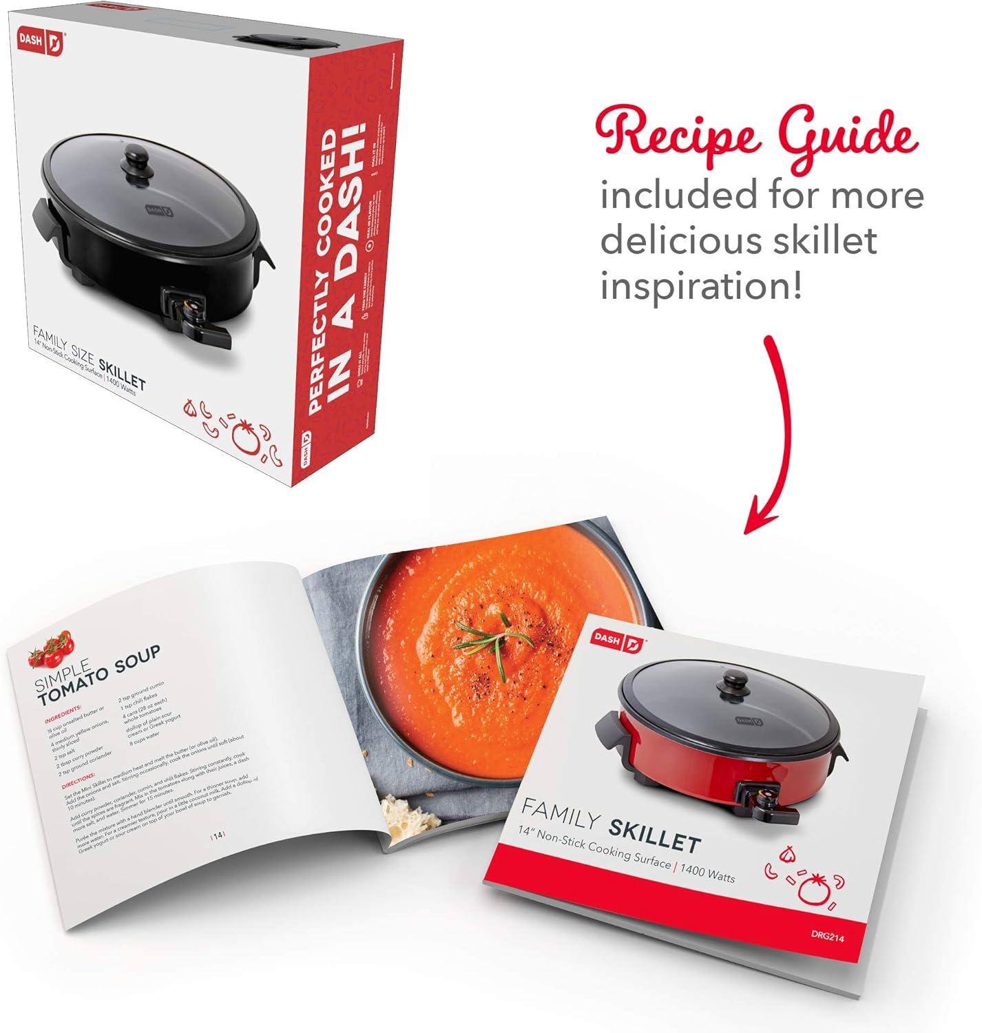 Dash Family Size Electric Skillet with 14 inch Nonstick Surface + Recipe Book for Pizza Burgers, Cookies, Fajitas, Breakfast & More, 20 Cup Capacity, 2.5 Inch Deep, 1400-Watt - Black