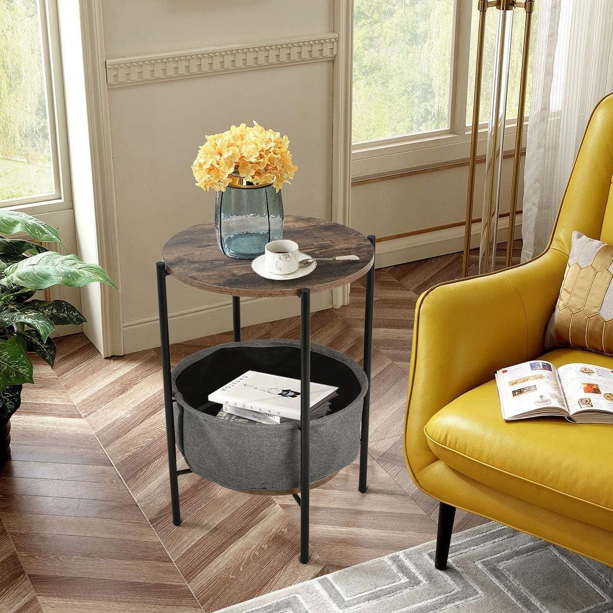 Compact Round Wood and Metal Side Table with Fabric Basket