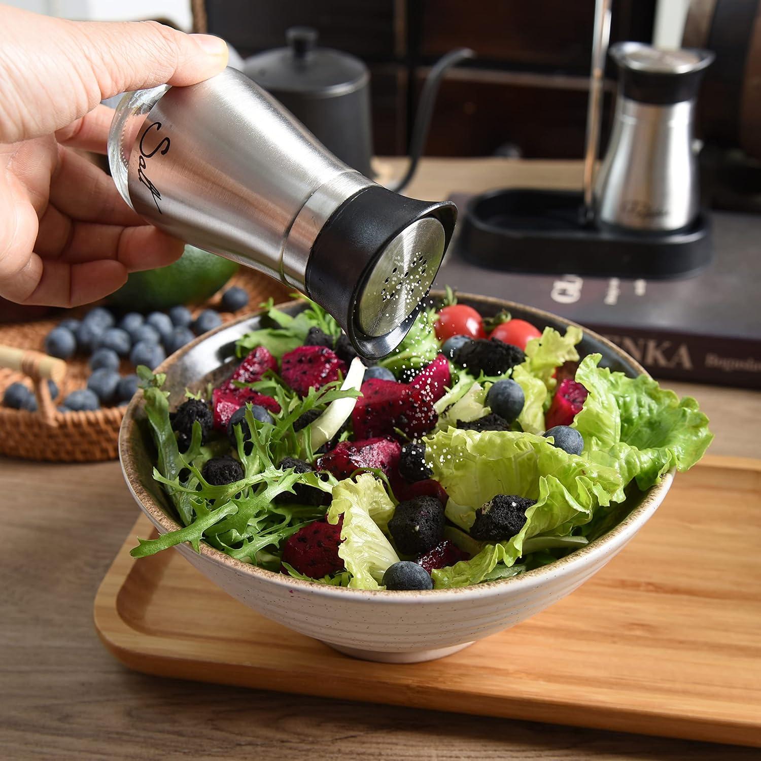 Juvale Stainless Steel Salt and Pepper Shakers Set with Glass Bottom, Perforated "S" and "P" Caps - Modern Kitchen Decor (4oz)