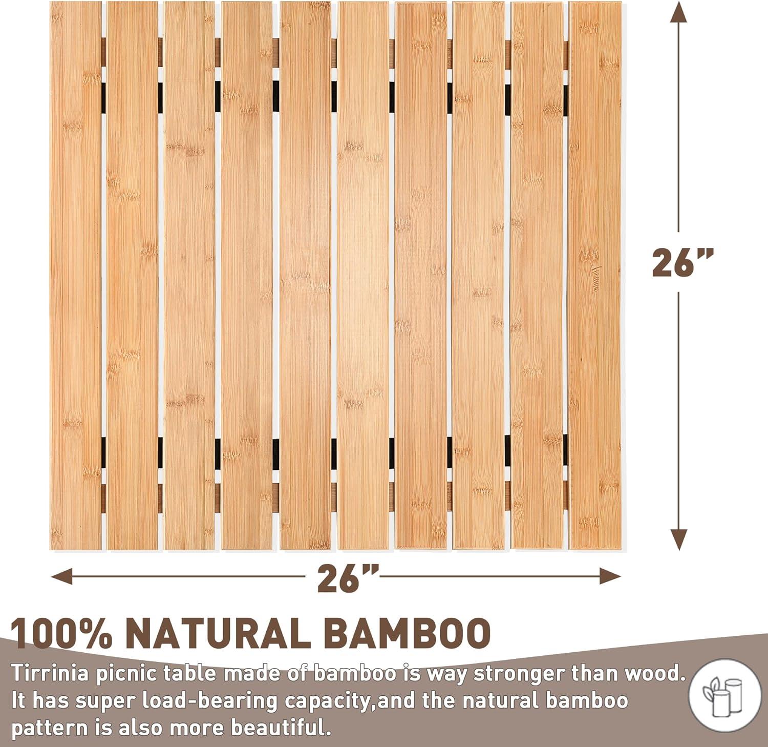 Tirrinia 26x26in Bamboo Picnic Table with Carrying Bag + Free Picnic Pad, Outdoor Portable All-Purpose Table for Concerts, Camping, Beach, Tailgating, Patio, Kitchen, Living Room