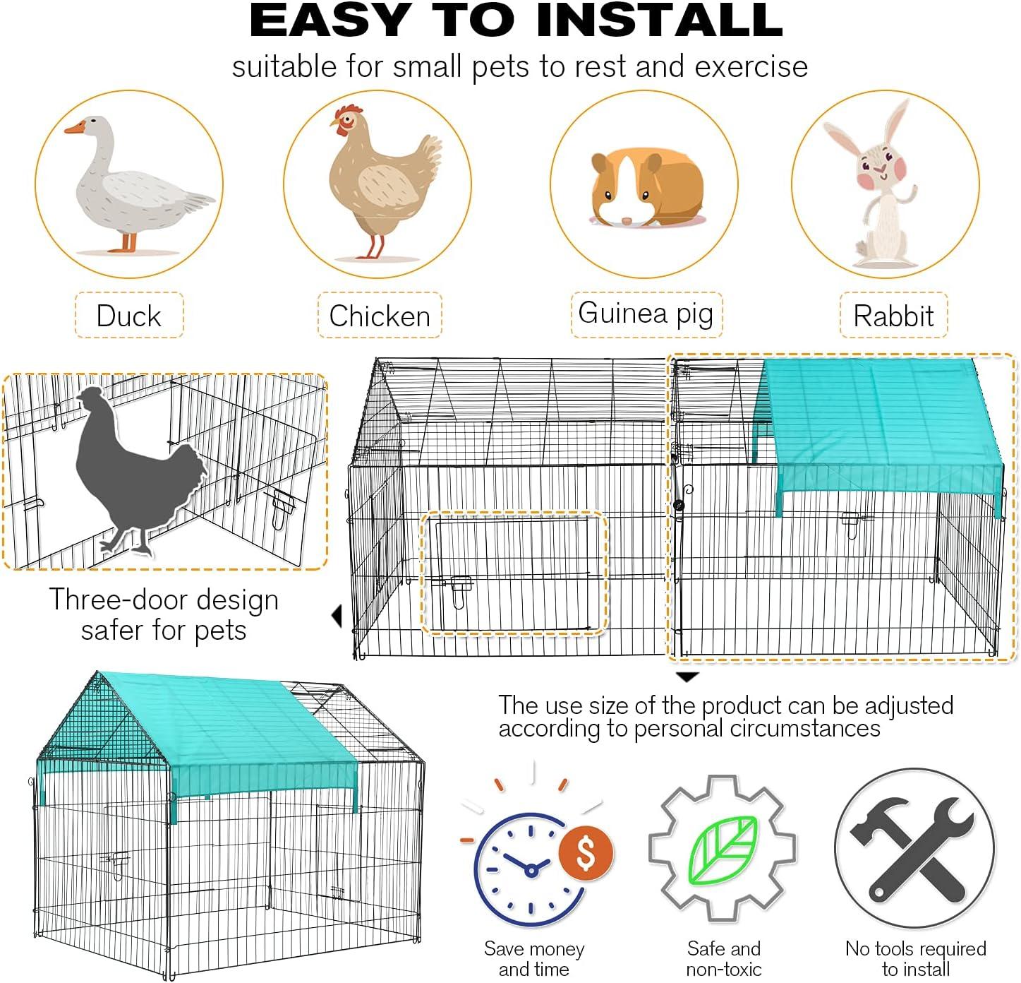 Metal Chicken Coop, 86 x 40 x 40 Inch Chicken Run for Yard with Waterproof Cover, Outdoor Portable Chicken Pen with 4 Doors, 1 Window, Chicken House for Small Animals Duck, Rabbit, Hen