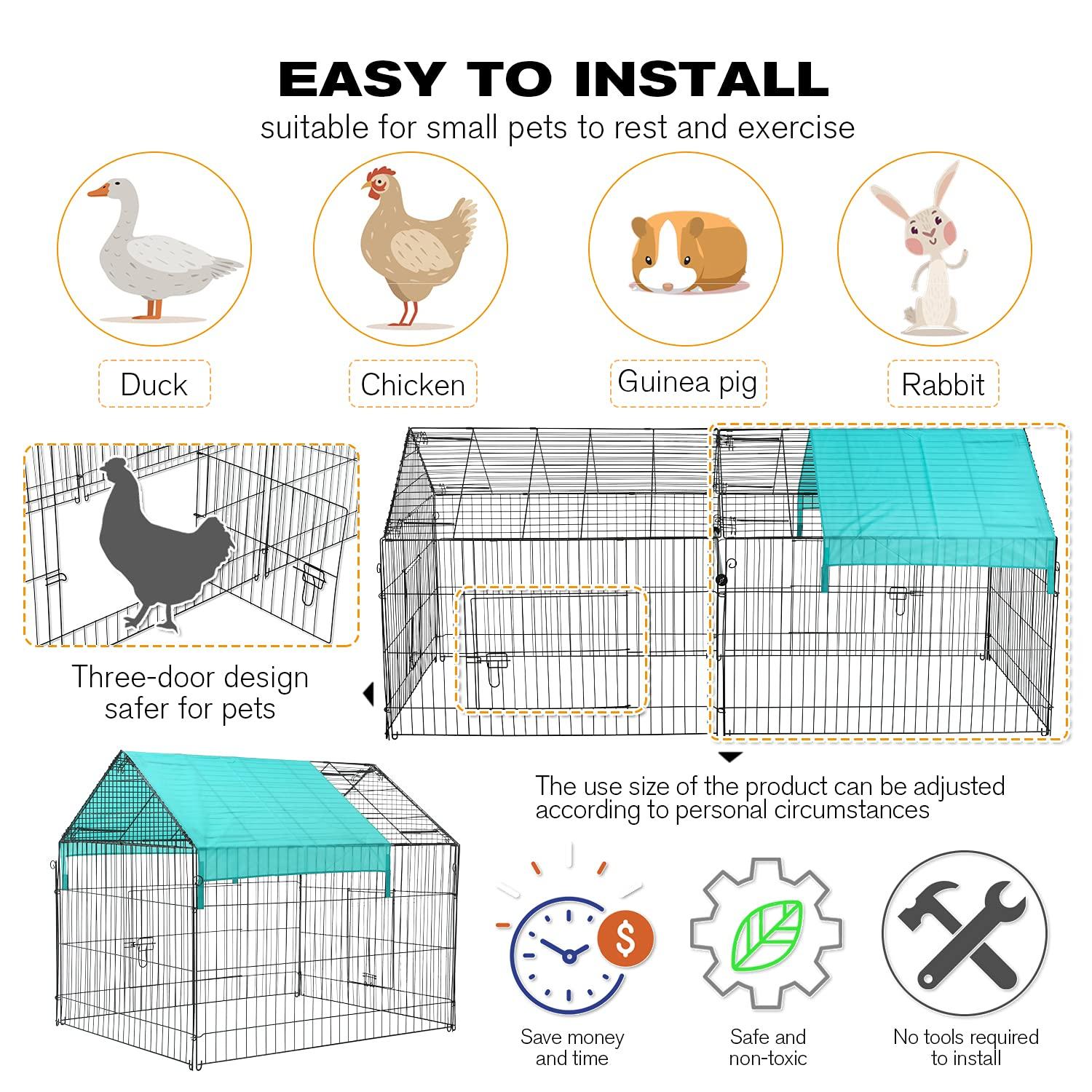 Metal Chicken Coop, 86 x 40 x 40 Inch Chicken Run for Yard with Waterproof Cover, Outdoor Portable Chicken Pen with 4 Doors, 1 Window, Chicken House for Small Animals Duck, Rabbit, Hen