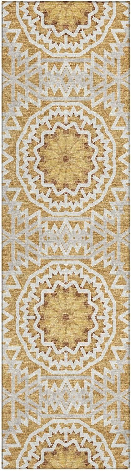 Gold and White Synthetic Flat Woven Runner Rug