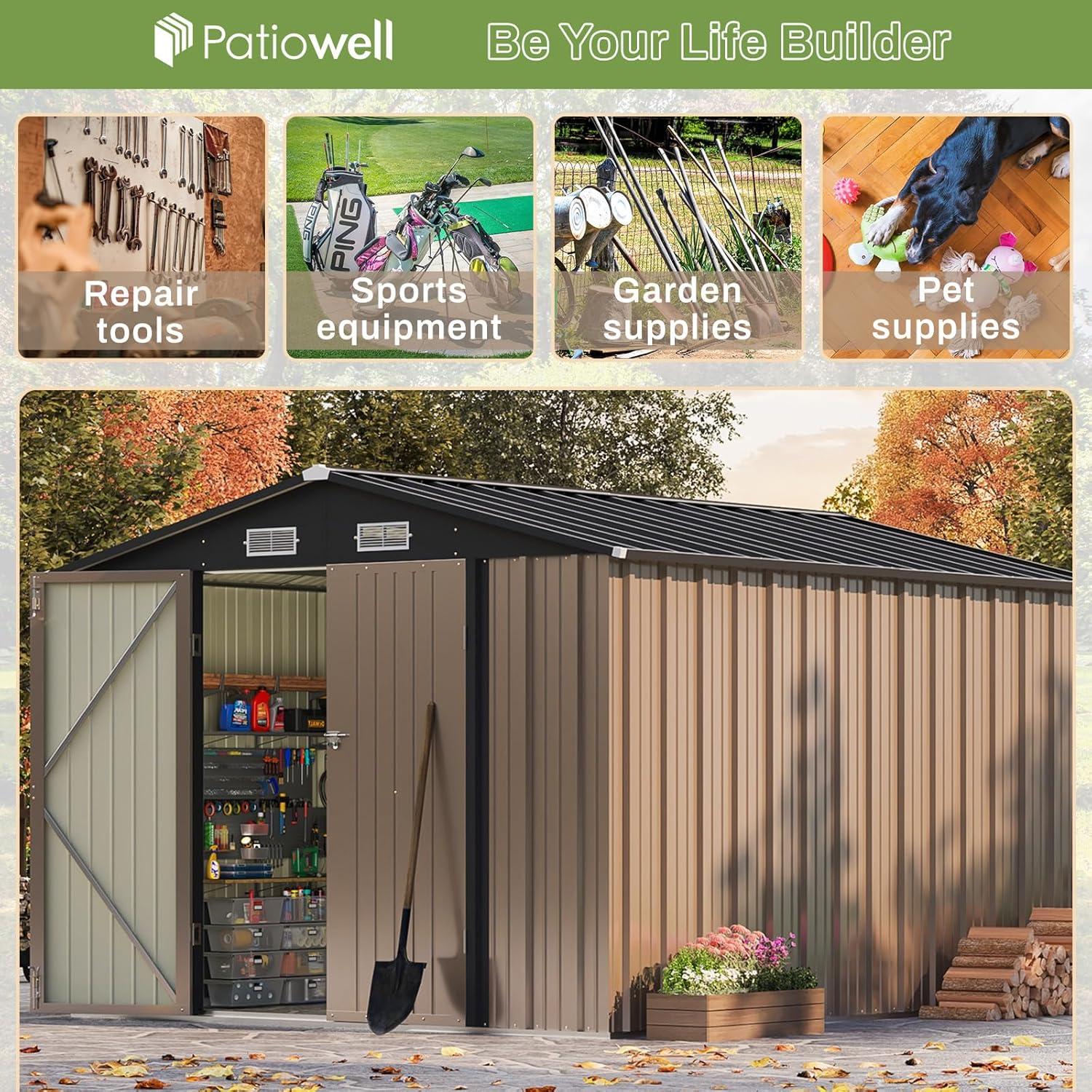 Patiowell 8' x 10' Outdoor Storage Shed,  Large Garden Tool Metal Shed with Sloping Roof and Double Lockable Door, Outdoor Shed for Backyard Garden Patio Lawn, Brown