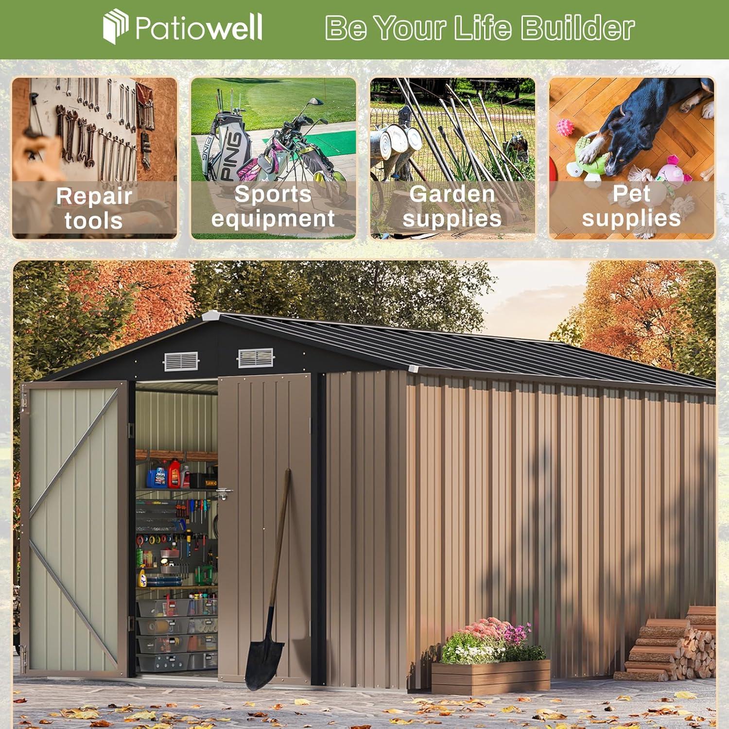 Patiowell 8' x 10' Outdoor Storage Shed, Large Garden Tool Metal Shed with Sloping Roof and Double Lockable Door, Outdoor Shed for Backyard Garden Patio Lawn, Brown