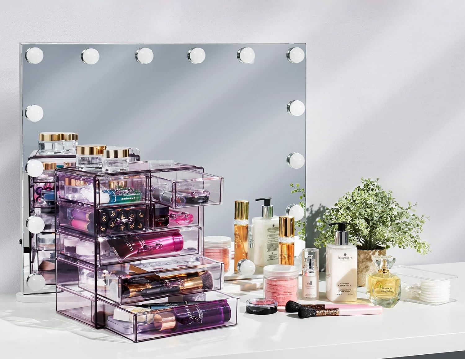 Sorbus Acrylic Makeup Organizer Case - Big Clear Makeup Organizer for Vanity, Bathroom, College Dorm, Closet, Desk (Purple)