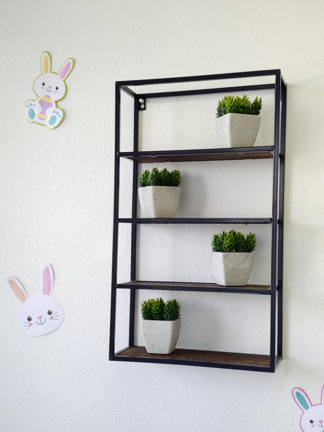 27" Rustic Brown Wood and Black Metal 4-Tier Wall Shelf