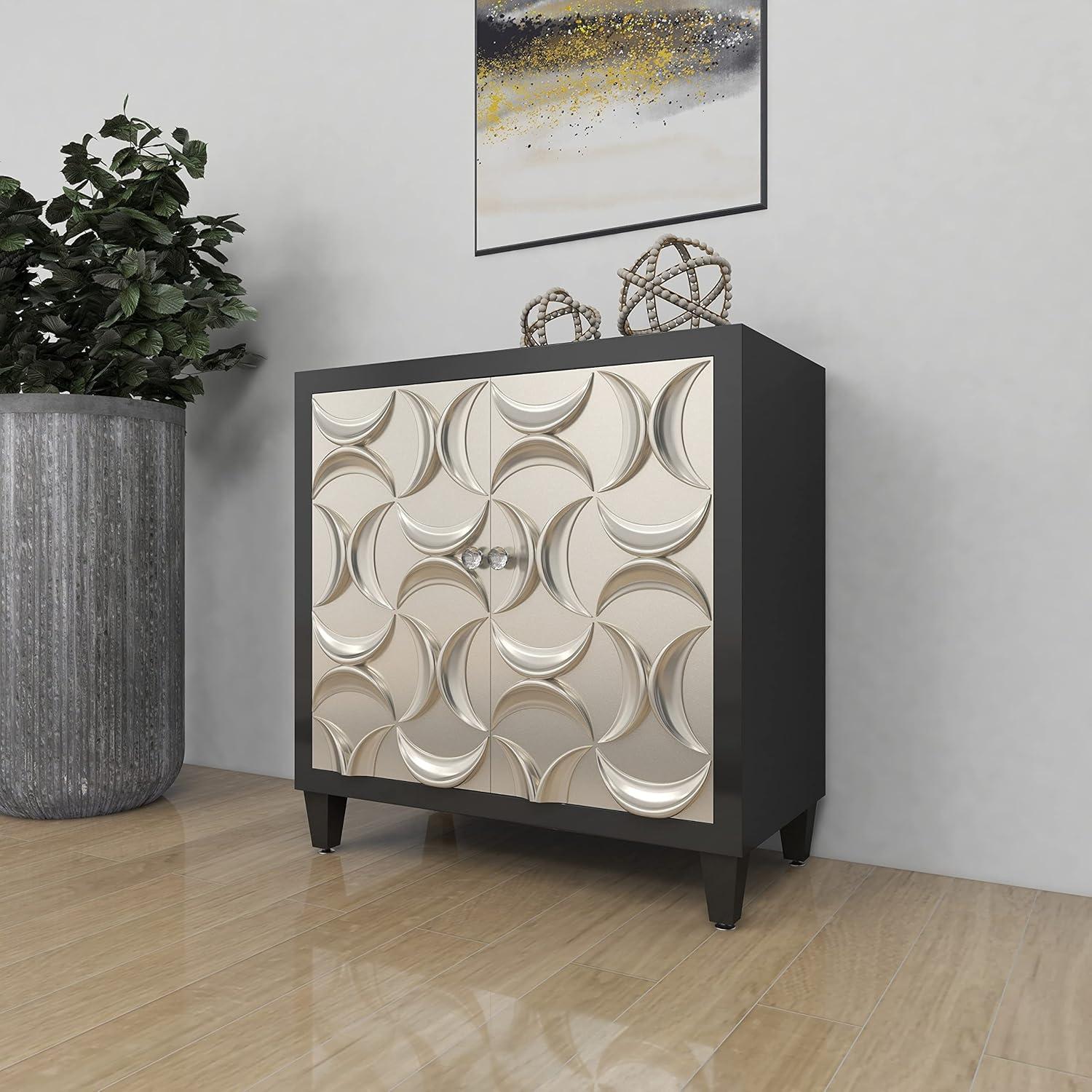 DecMode Black Modern Rectangular Wood Cabinet with Crescent Moon Pattern, 31"W x 32"H