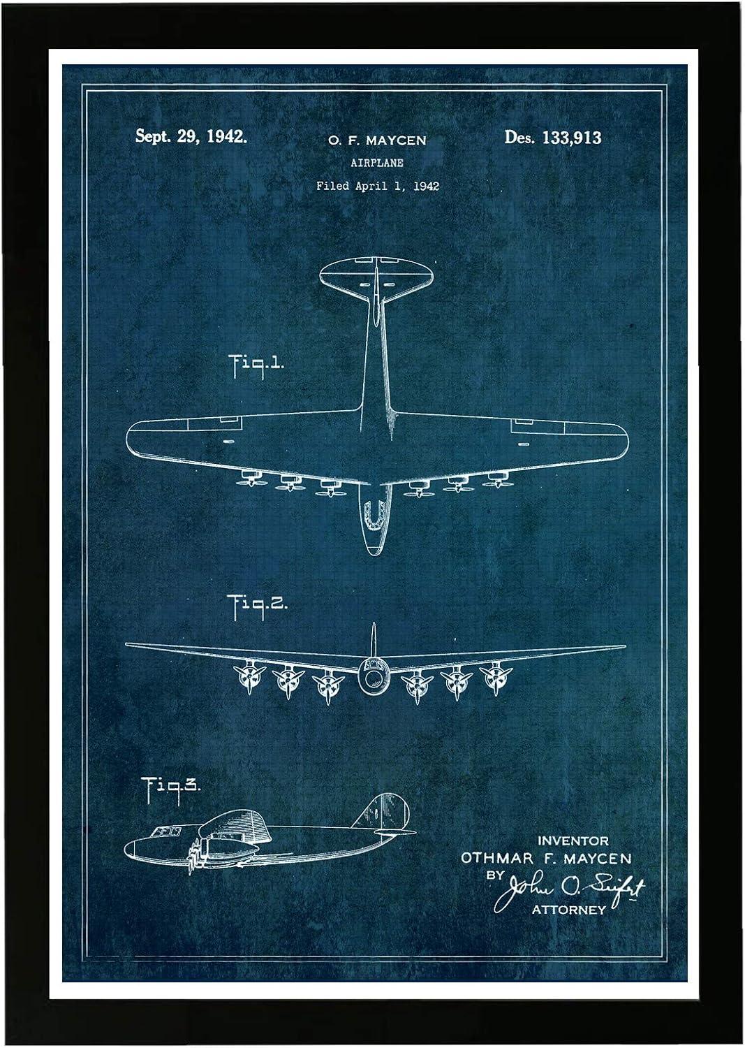 Wynwood Studio Transportation Framed Wall Art Prints 'airplane 1942' Airplanes Home Décor - Blue, White, 13" x 19"