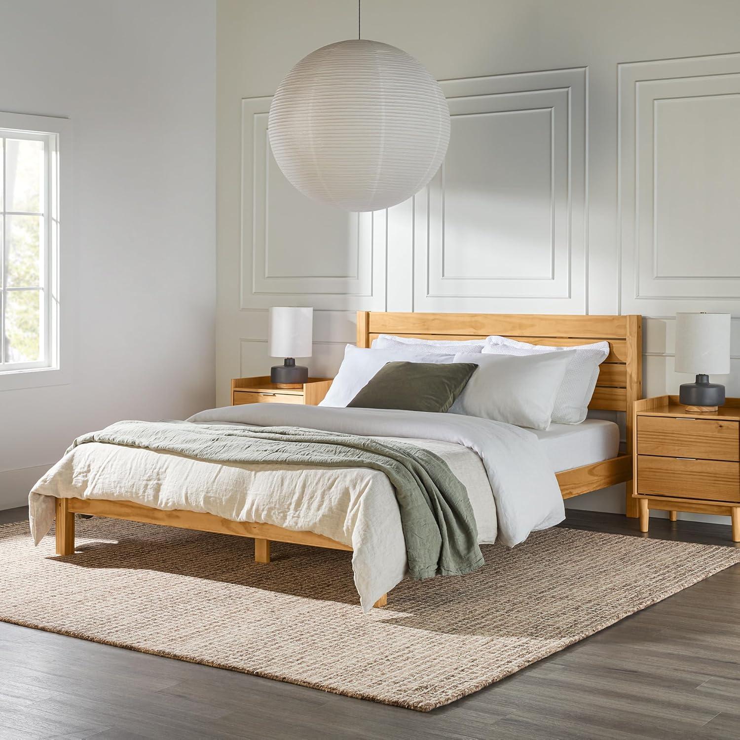 Solid Wood Minimalist Boho Queen Bed with Simple Headboard - Natural Pine