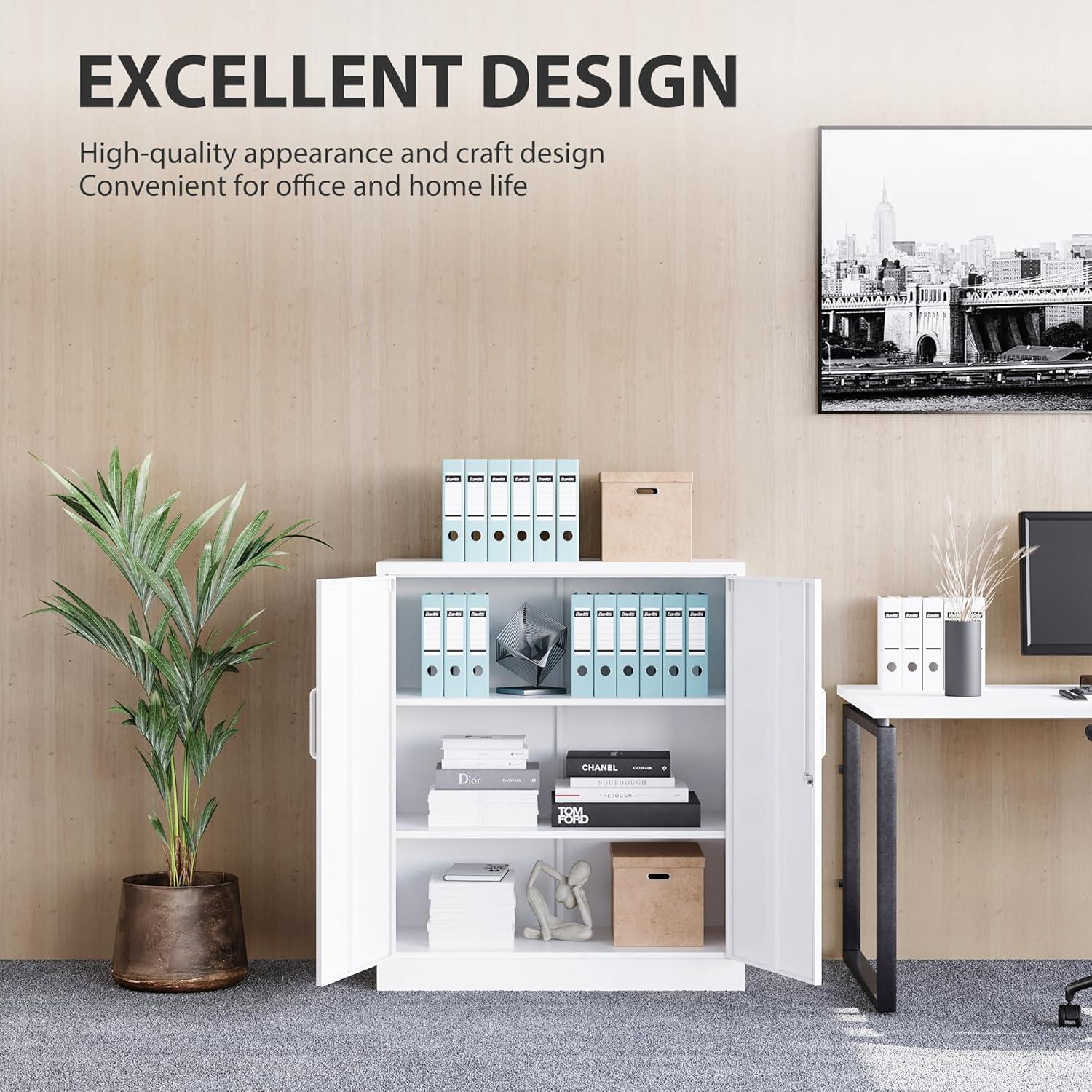 Metal Storage Cabinets with Shelves and Doors, Sideboard Buffet Cabinet for Kitchen, Entryway, Living Room, Home Office, Garage, Utility Room and Basement, 36.2" H x 31.5" W x 15.7" D (White)