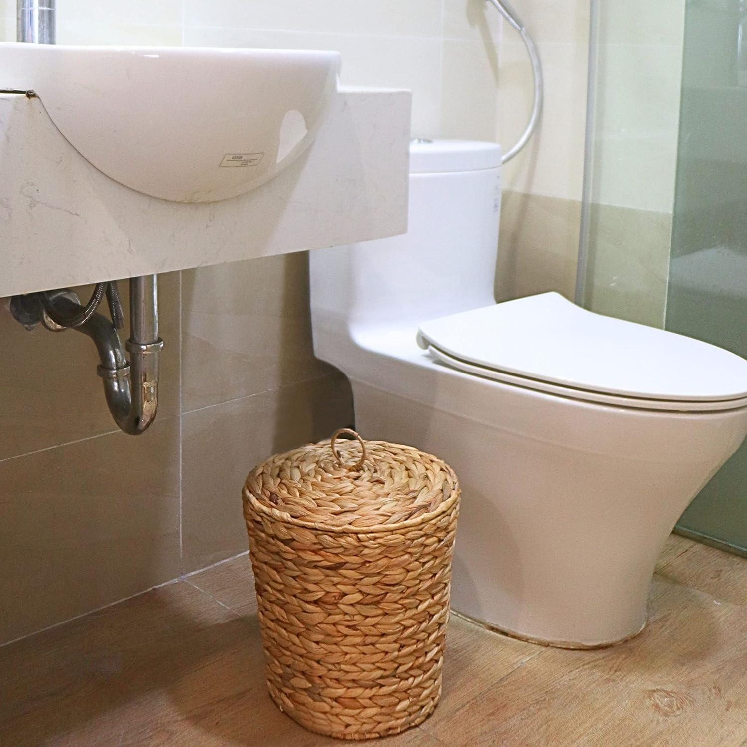 Medium Natural Wicker Round Trash Can with Lid