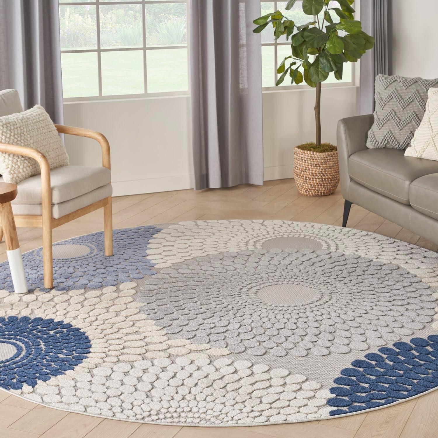 Nourison Aloha 7'10" Round Blue Grey Geometric Synthetic Rug