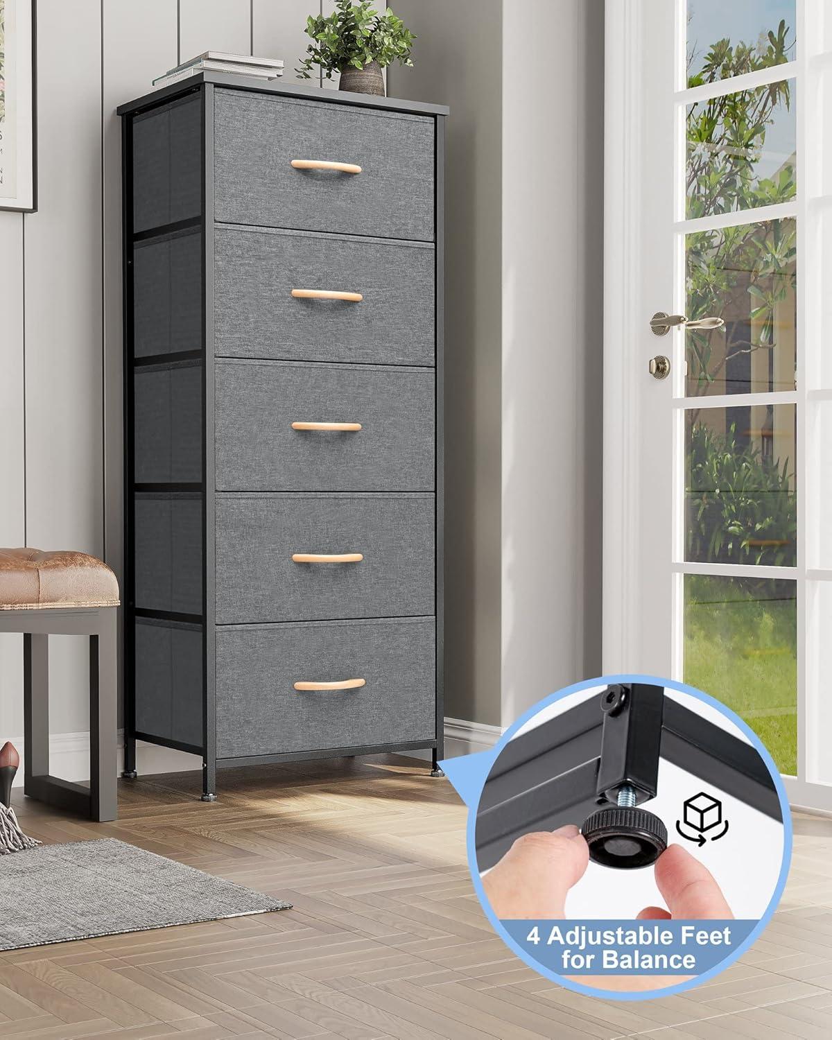 Gray and Black Vertical Dresser with Fabric Bins and Wood Top