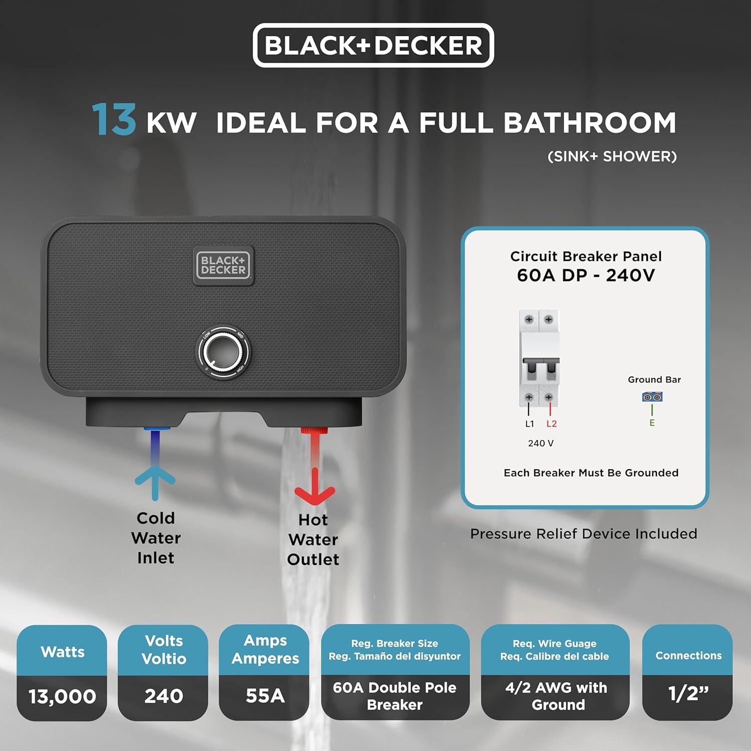 Black 13kW Electric Tankless Water Heater with Pressure Relief