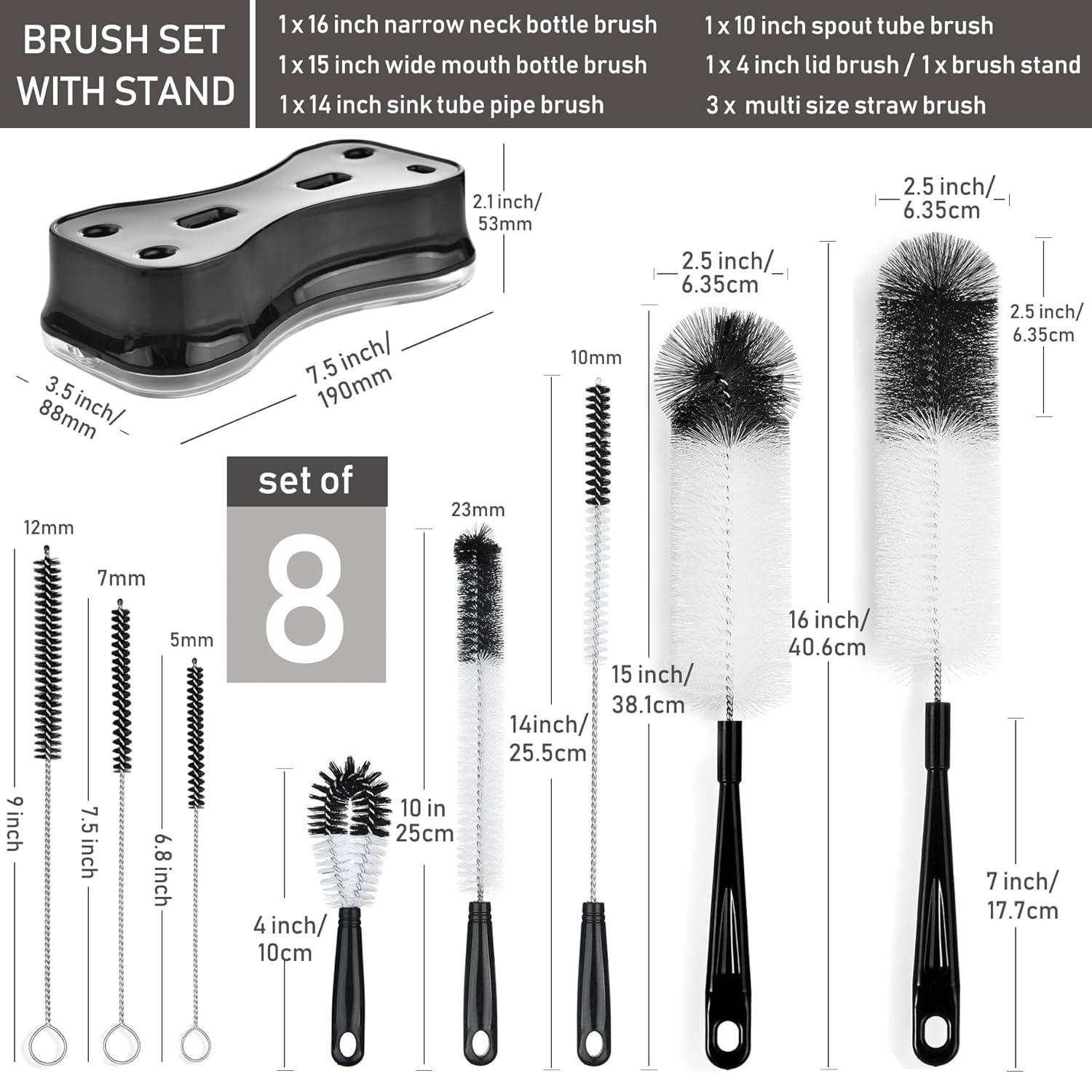 ZOUYUE 8 Pcs Bottle Cleaning Brush Set Long Handle Black Bottle Cleaner Sturdy Food Grade for Cleaning Baby Bottles Sports Water Bottles Flask