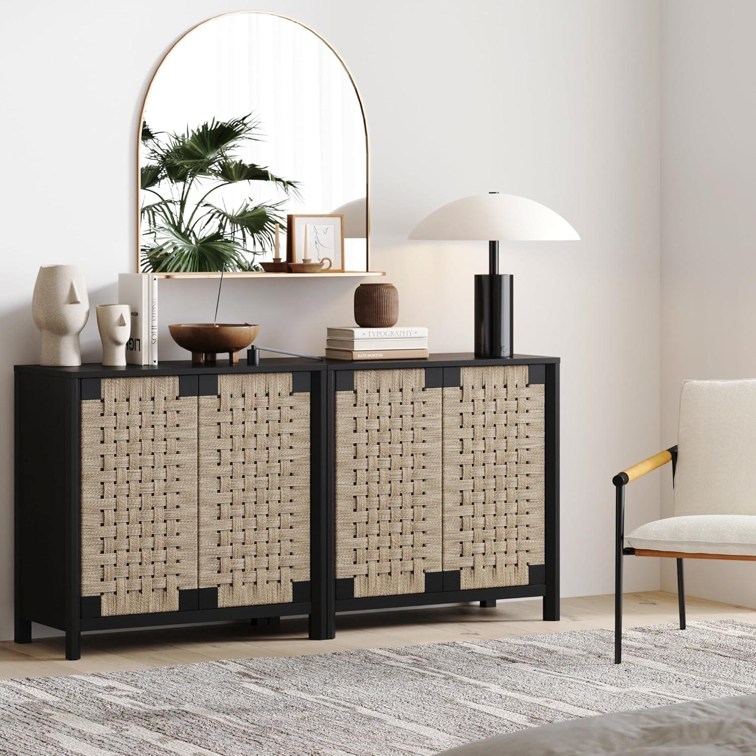 Nathan James Rustic Wood TV Stand Cabinet With Seagrass Door Panels