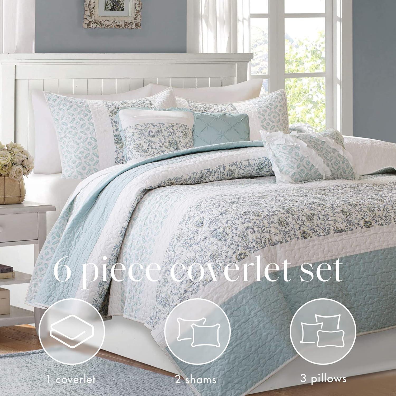 Shabby Chic Blue Paisley Full/Queen Cotton Percale Quilt Set with Decorative Pillows