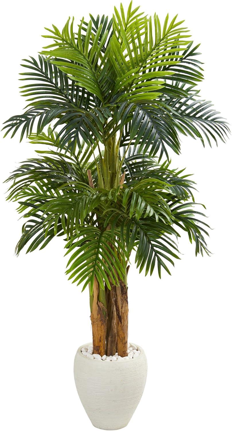 Nearly Natural 5.5-ft Triple Areca Palm Artificial Tree in White Planter