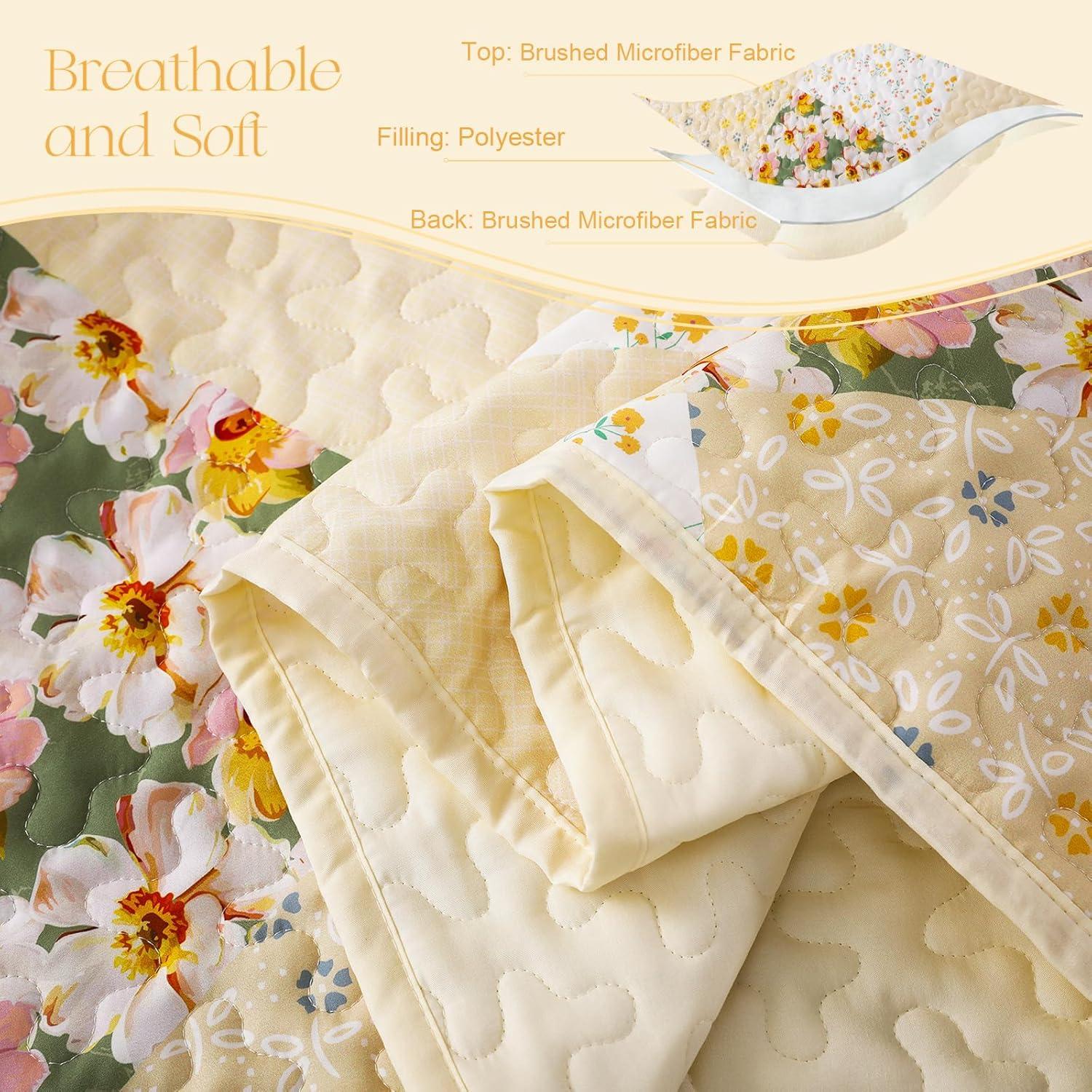 Exclusivo Mezcla Reversible Boho Quilt Set King Size, 3 Pieces Patchwork Yellow All Season Bedspreads, Ultra Soft Floral Coverlet Bedding Set with Printed Pattern (1 Quilt, 2 Pillow Shams)