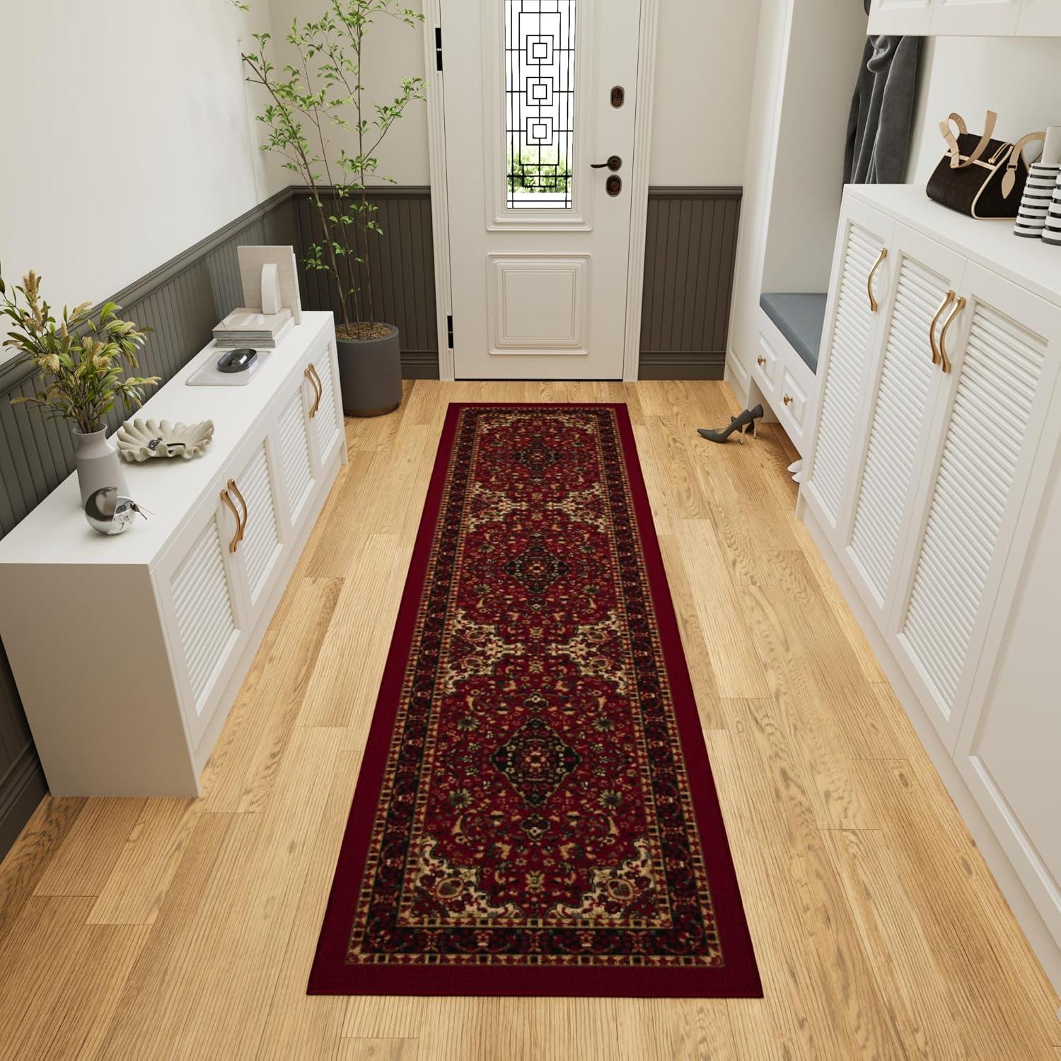 Ottohome Non-Slip Medallion Oriental Area Rug For Living Room, Hallway, Entryway Rug, Dark Red