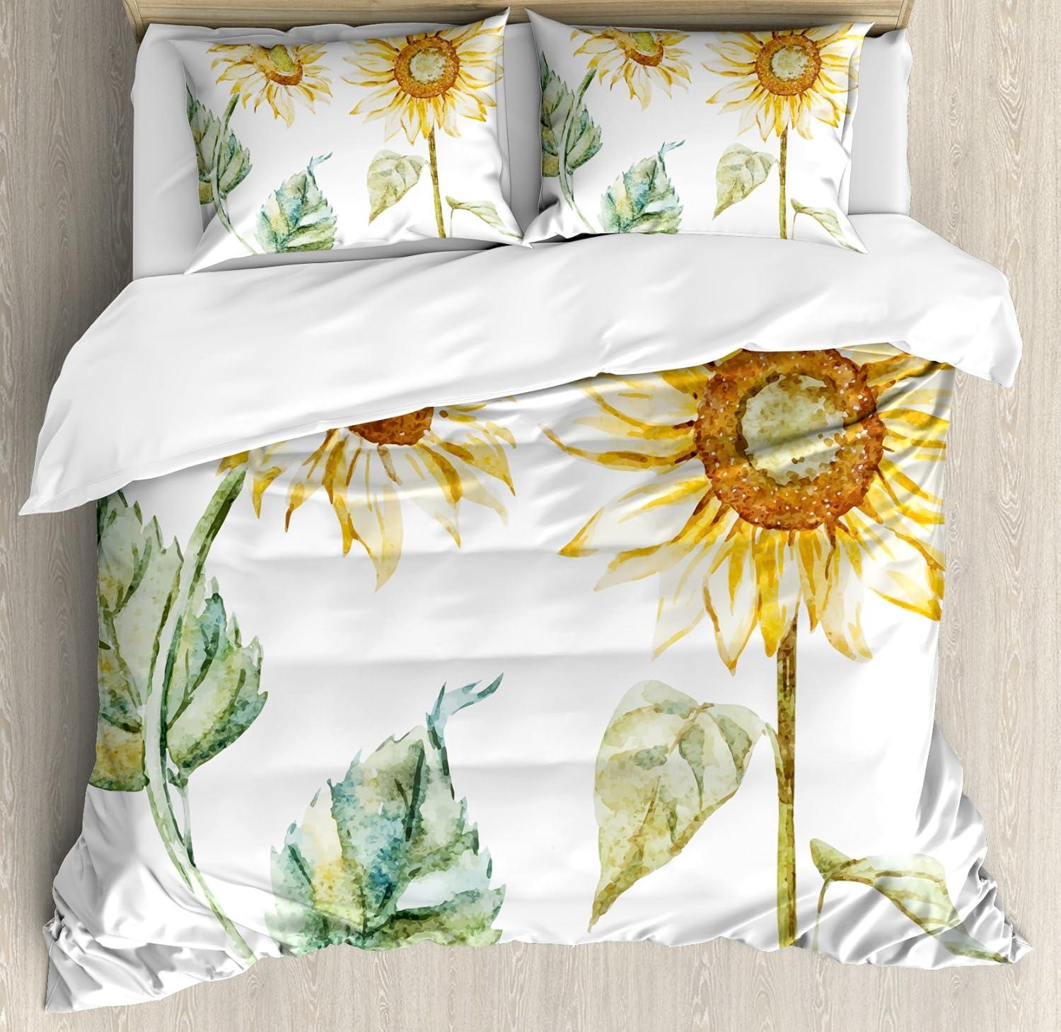 King Size Sunflower Watercolor Microfiber Duvet Cover Set