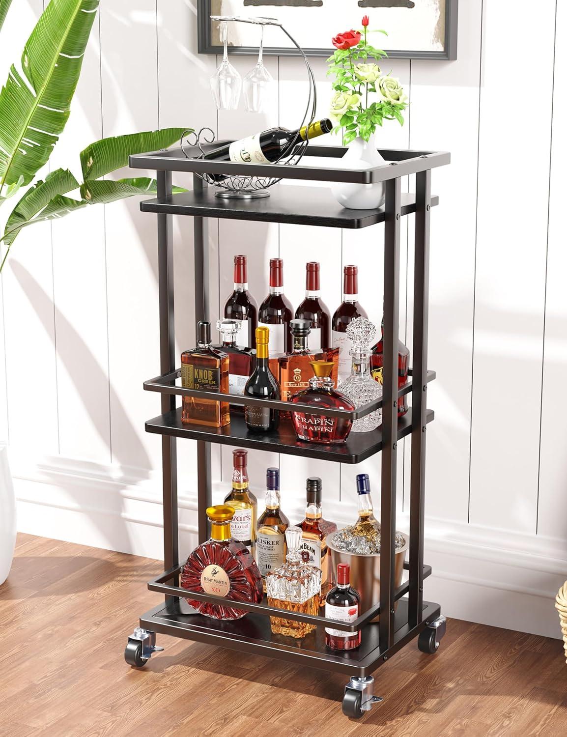 Black Industrial 3-Tier Rolling Bar Cart with Wine Rack