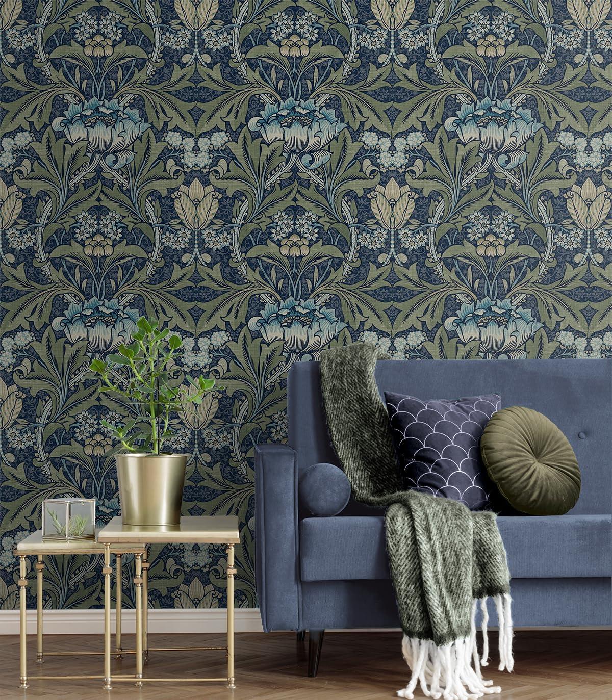 Seabrook Designs  Acanthus Floral Prepasted Wallpaper 20.5 in. W x 33 ft. L - Denim & Sage