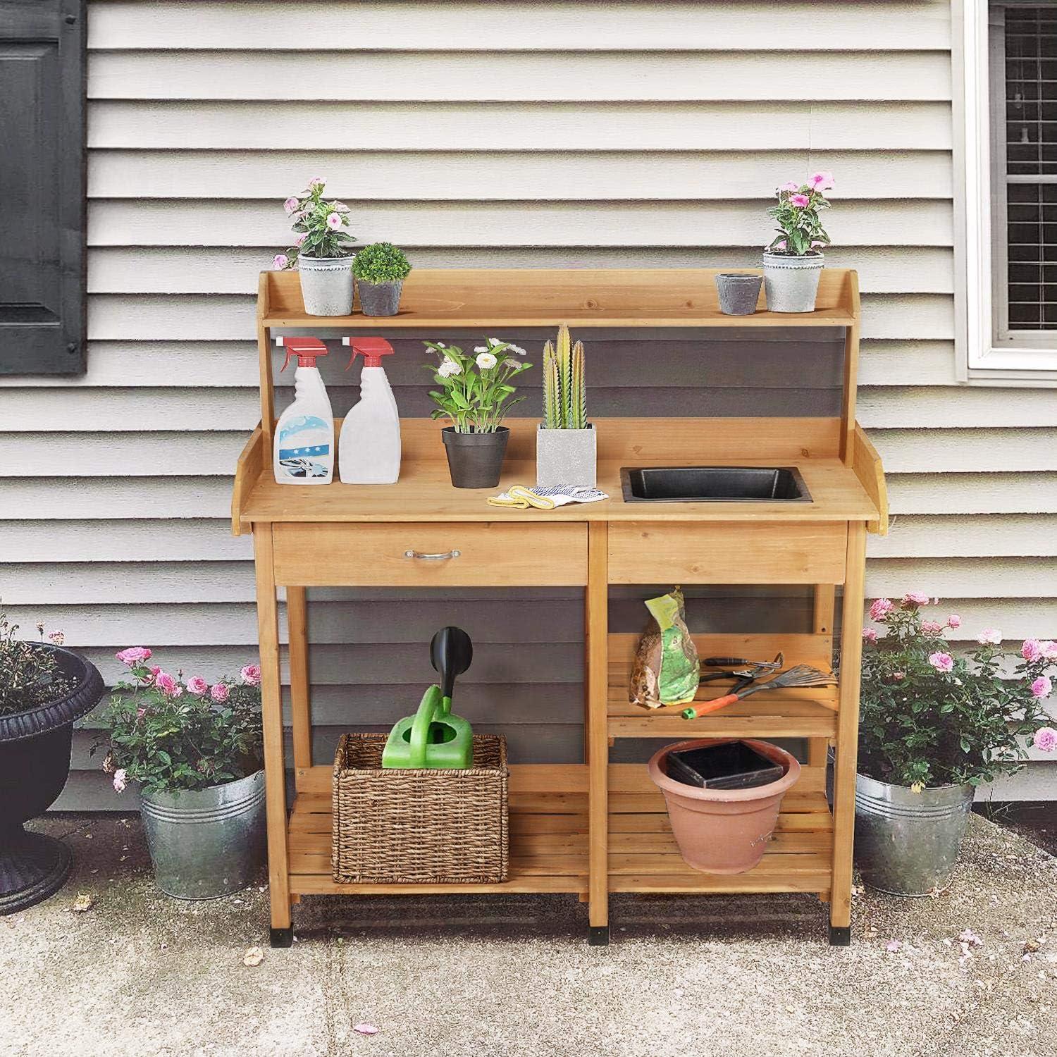 Natural Fir Wood Garden Potting Bench with Removable Sink