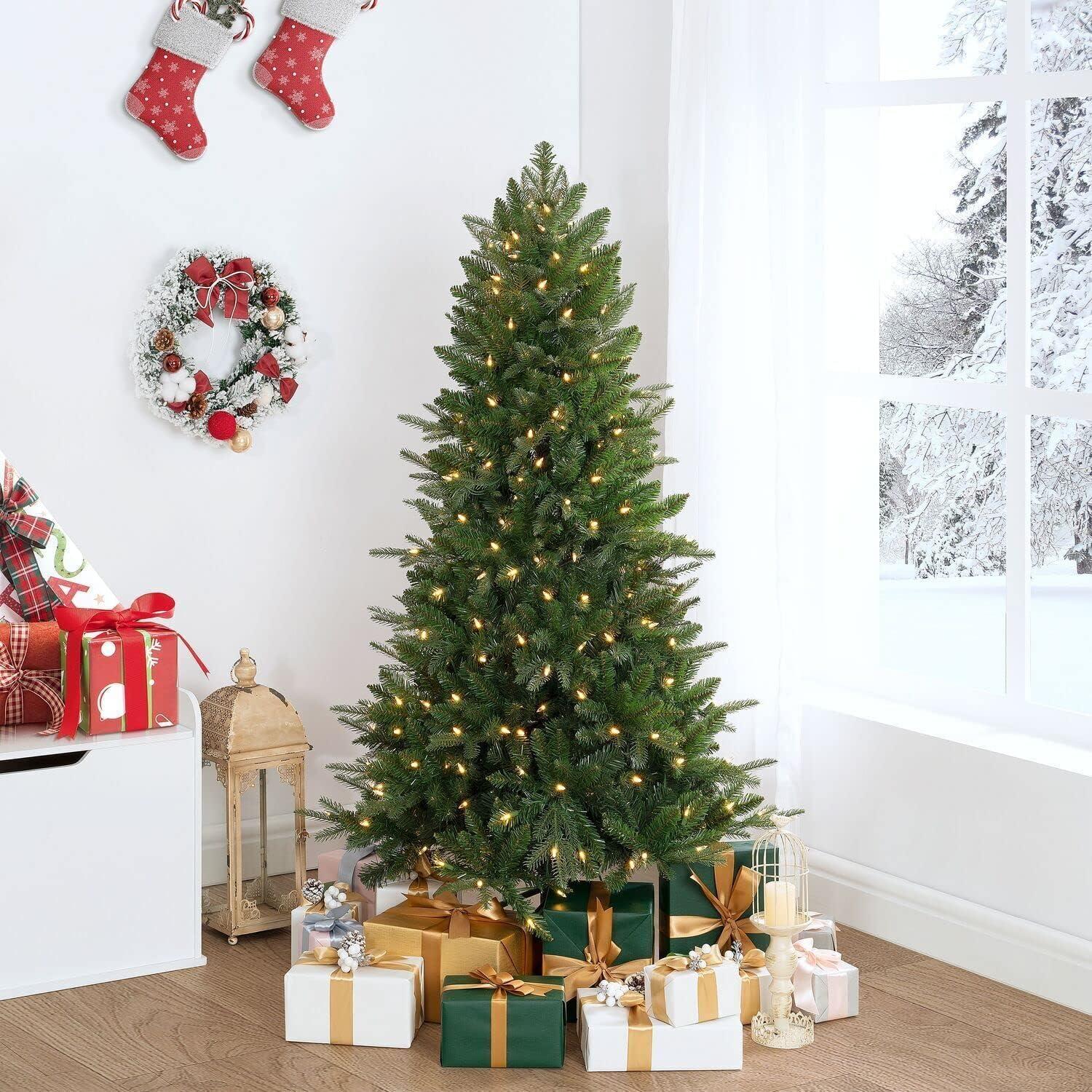 Traditional Prelit Artificial Christmas Tree with Warm Lights and Metal Stand, Wide Realistic Tree