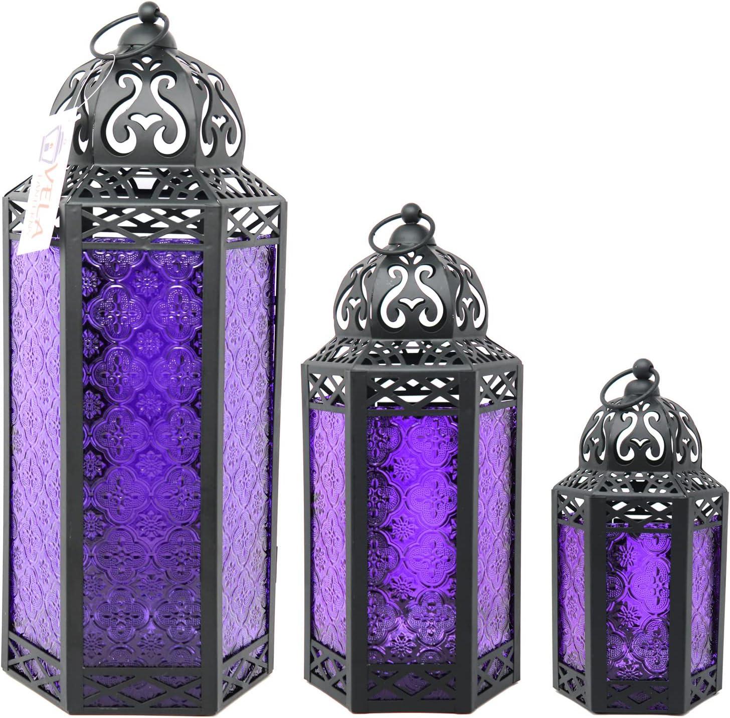 VELA LANTERNS 10.5" Purple Gothic Moroccan Candle Lantern Decorative Candle Holder Lamp for Table or Hanging, Ramadan Decorations, Indoor Home Room Halloween Decor, Outdoor Patio or Porch, Medium