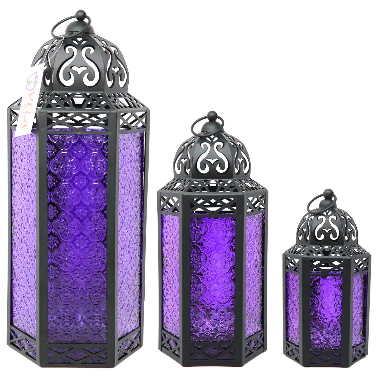 VELA LANTERNS 10.5" Moroccan Lamp Lantern Decorative Candle Holder for Indoor Outdoor Home Decor, Patio, Weddings, Ramadan Decorations, Black Metal, Purple Glass, Medium, Set of 3