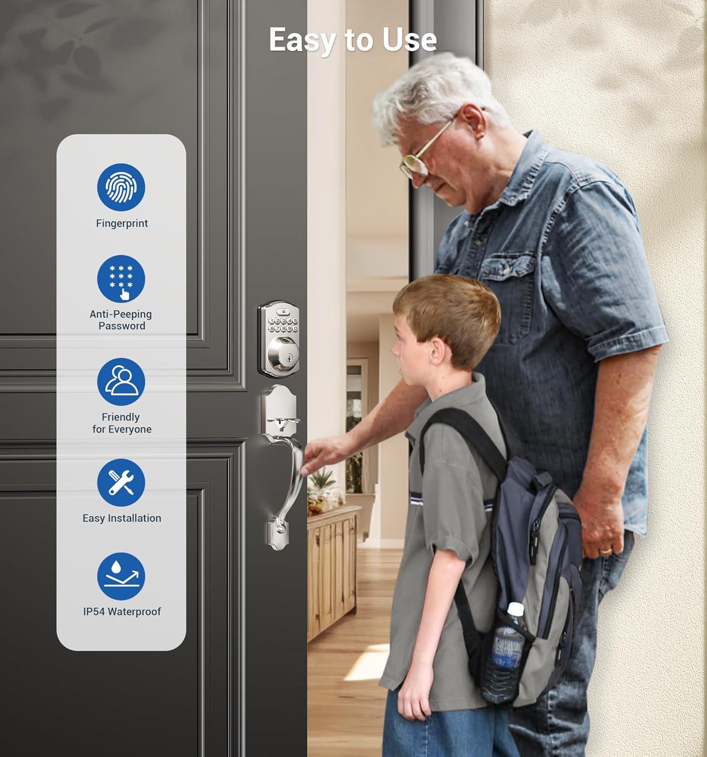 Veise Fingerprint Door Lock Set, Keyless Entry Door Lock, Front Handle Set, Electronic Keypad Deadbolt with Lever Handle, 2 Keys, Auto-Locking, One-time Codes, Easy to Install, Satin Nickel