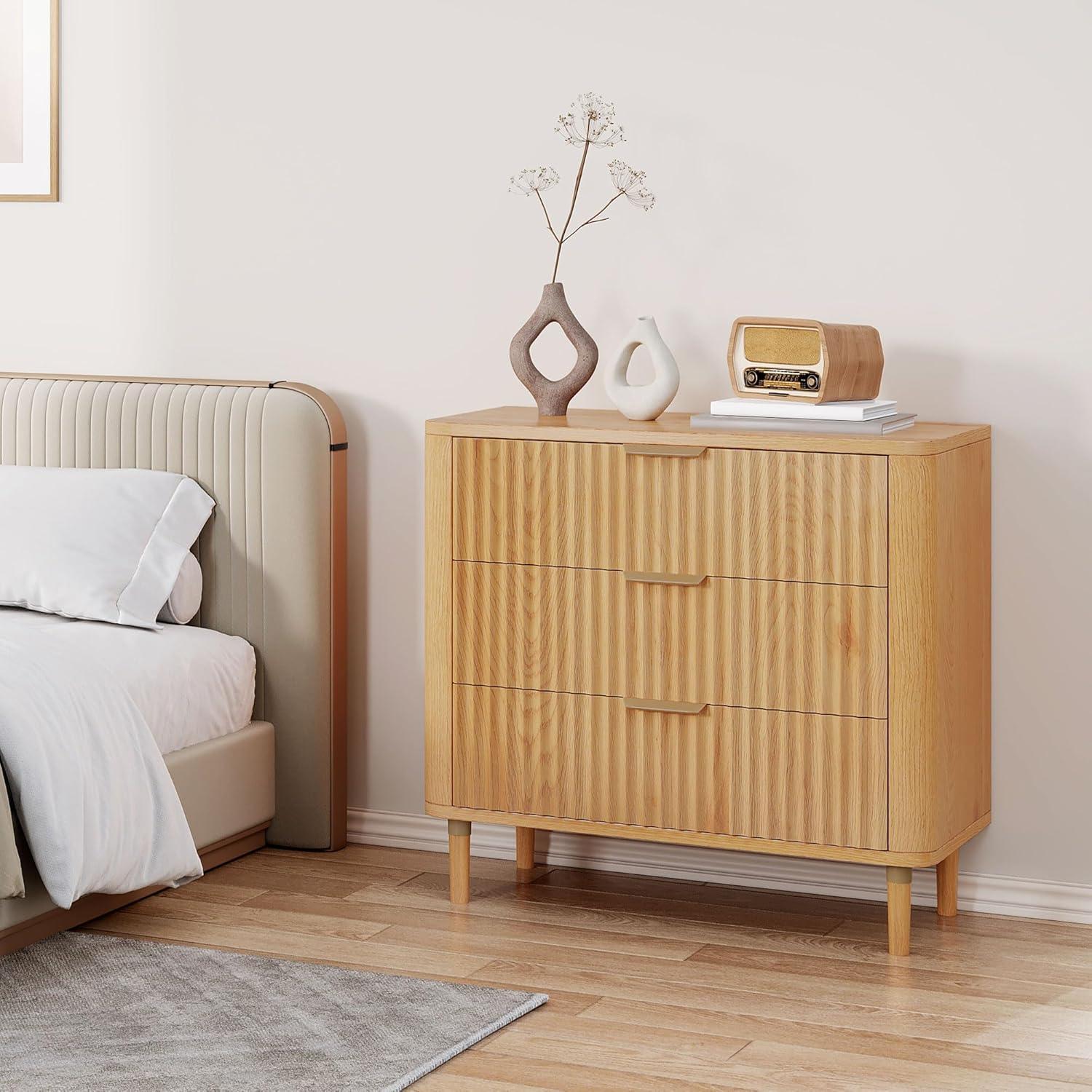 DWVO 3 Drawer Dresser, 32 inch Tall and Wider Modern Closet Dressers Chest of Drawers with Waveform Fluted Panel, Wood Storage Dresser Organizer for Dorms, Flats, Living Rooms, Hallways, Natural Oak