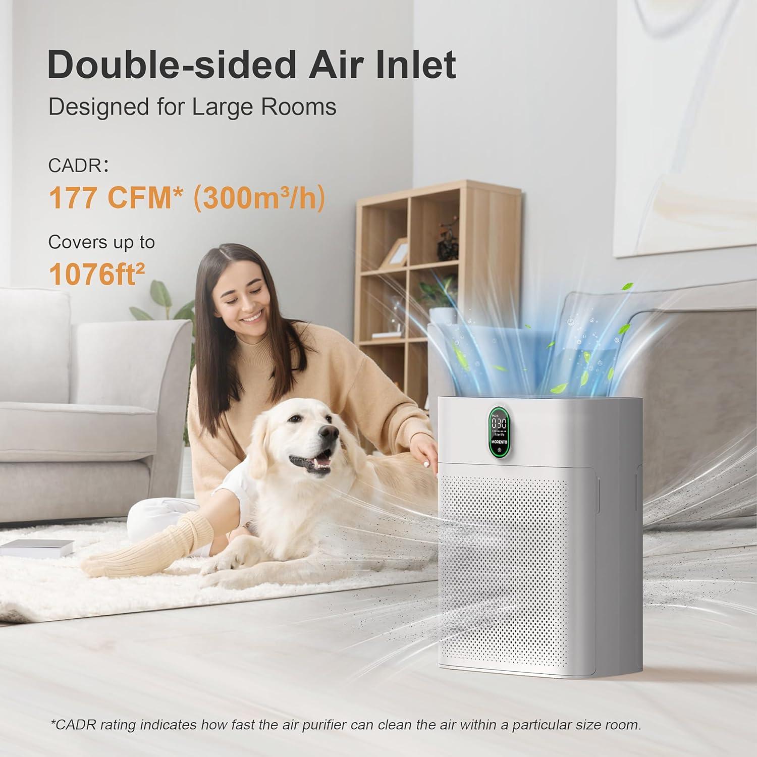 MORENTO Smart Air Purifier for Home & Large Room up to 1076 ft², Wi-Fi and Alexa Compatible, PM2.5 Air Quality Display, HEPA Filters, HY4866, White