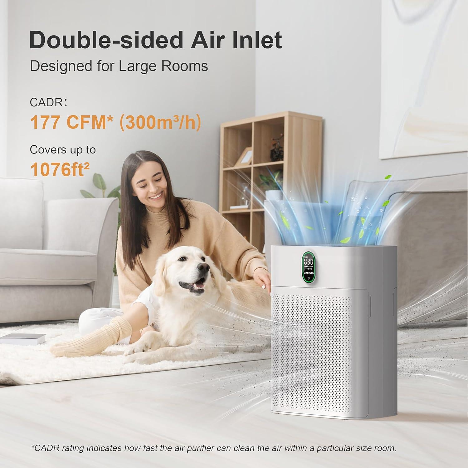 MORENTO Smart Air Purifier for Home & Large Room up to 1076 ft², Wi-Fi and Alexa Compatible, PM2.5 Air Quality Display, HEPA Filters, HY-4866W, White