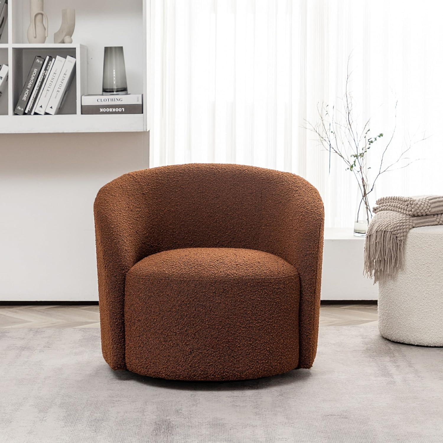 Brown Boucle Upholstered Swivel Barrel Accent Chair with Wooden Legs