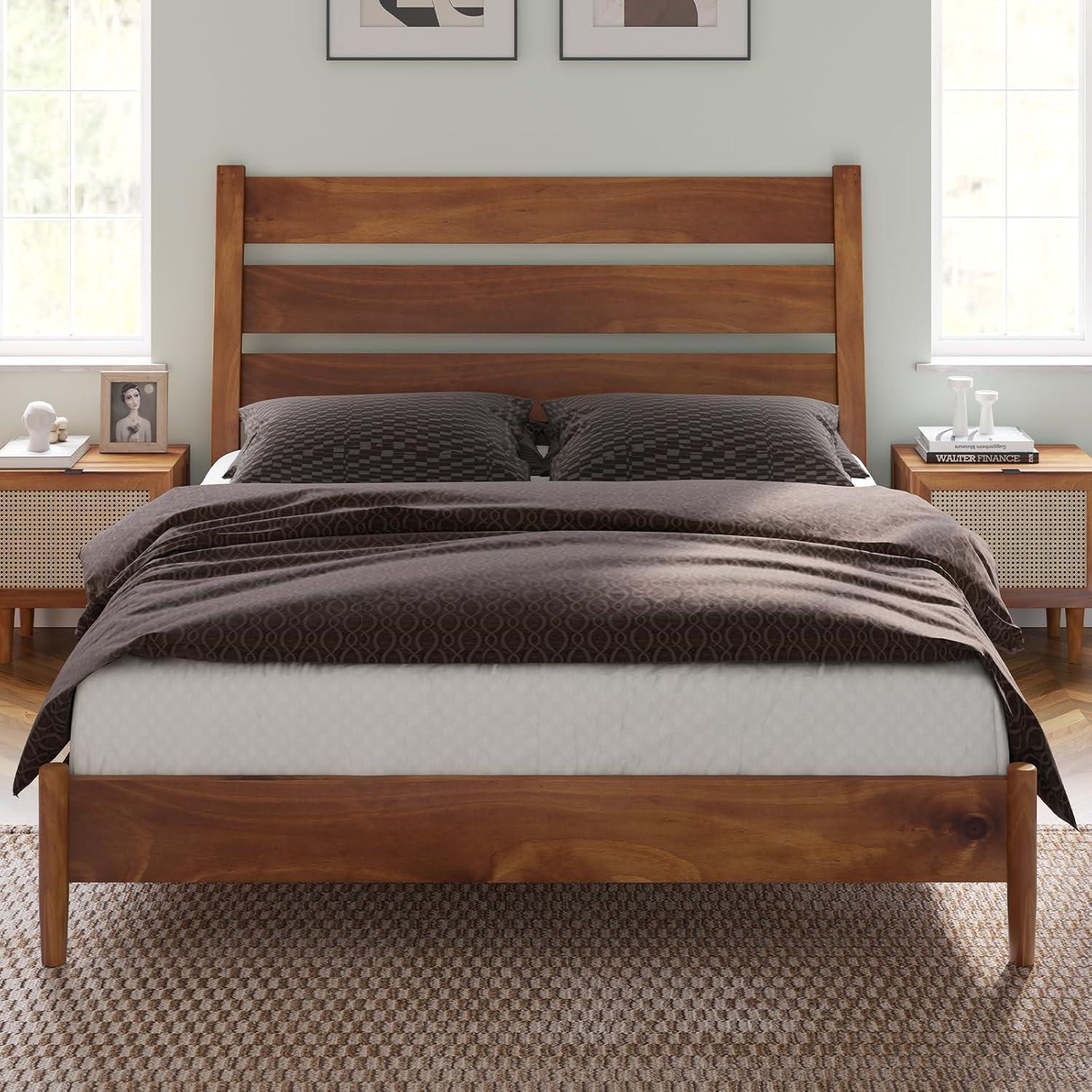 Solid Wood Bed Frame with Reclining Slatted Headboard