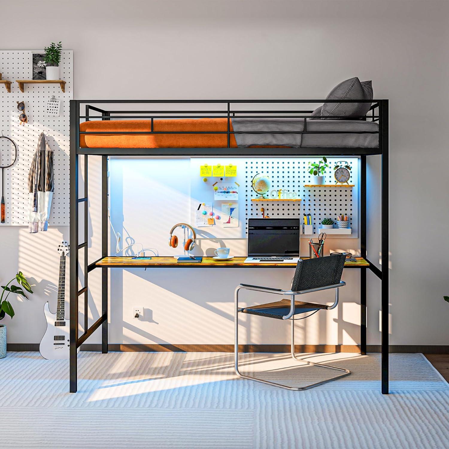 HOMCOM Twin Loft Bed with Desk, LED Lights, Charging Station, Twin Size Metal Loft Bed Frame with Safety Guardrail, Ladder, Noise Free, Black