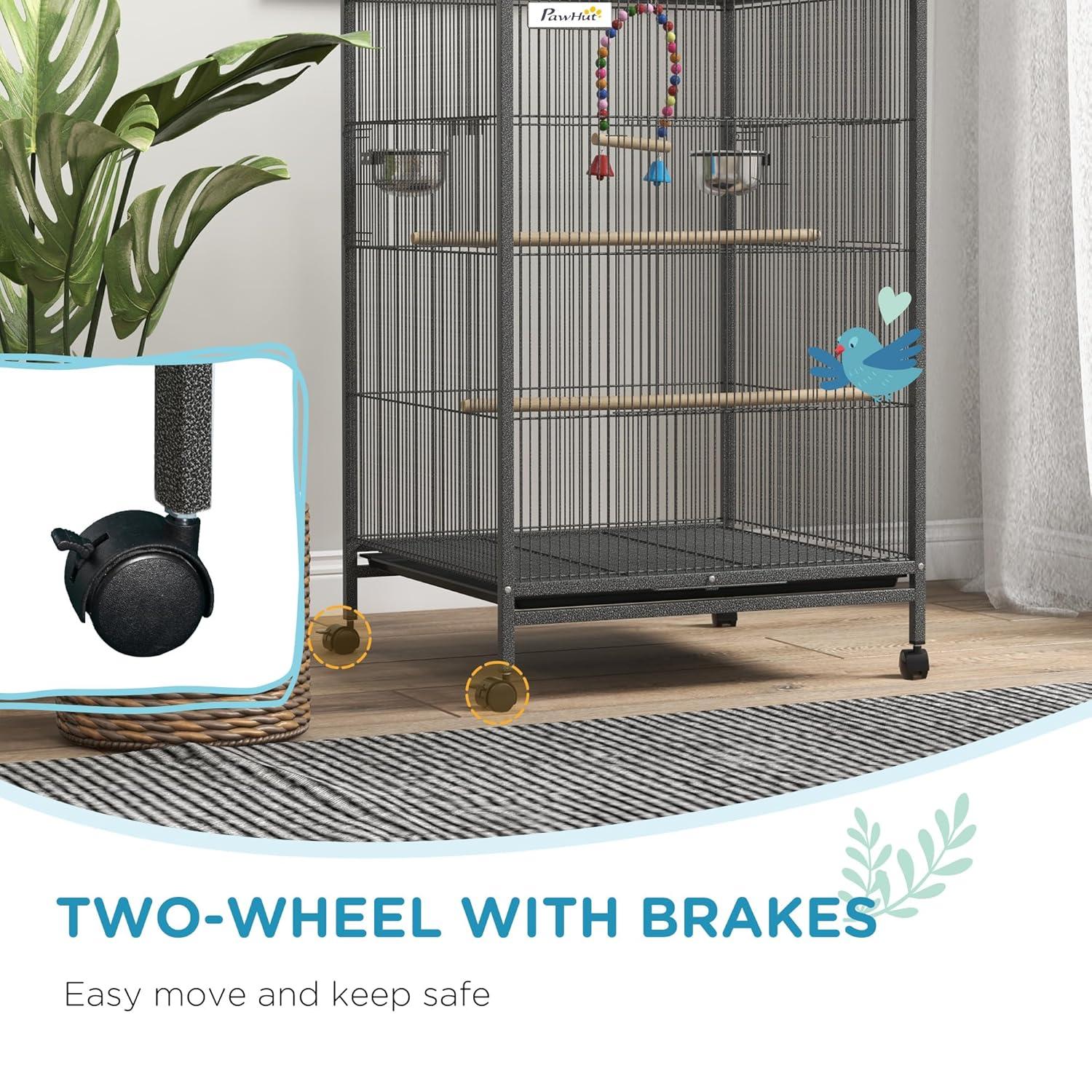 Pawhut Metal Bird Cage with Stand for Parrots, Lovebirds, Finches, Gray