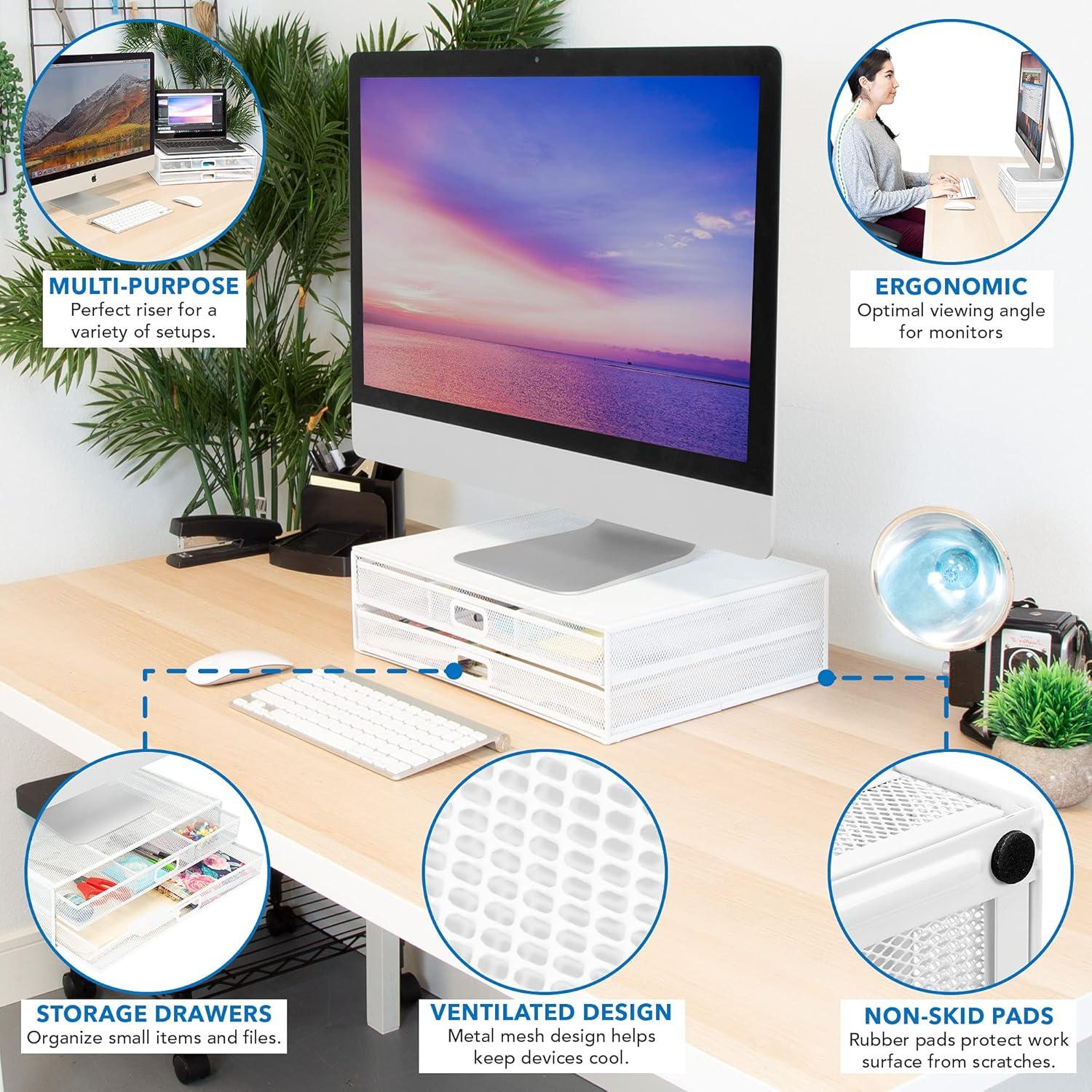 Mount-It! Computer Monitor Stand With Drawers, Metal Mesh Riser & Organizer For Laptop and Computer