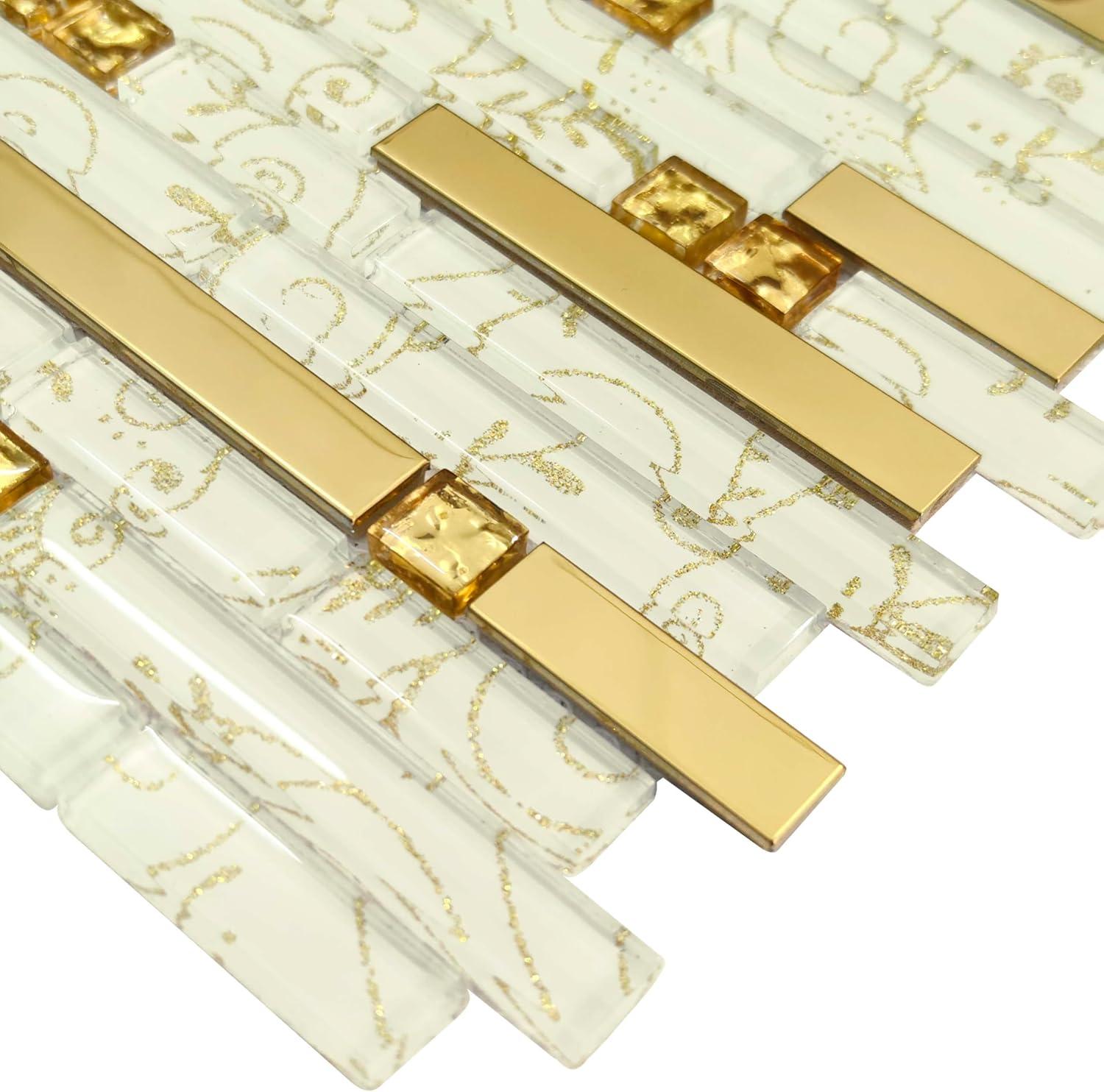 Metallic Glass Tile Luxury Gold Linear Interlocking Elegant Floral Pattern Accents Mosaic for Kitchen Backsplash Bathroom Wall and Fireplace Decor (3x12 Sample)