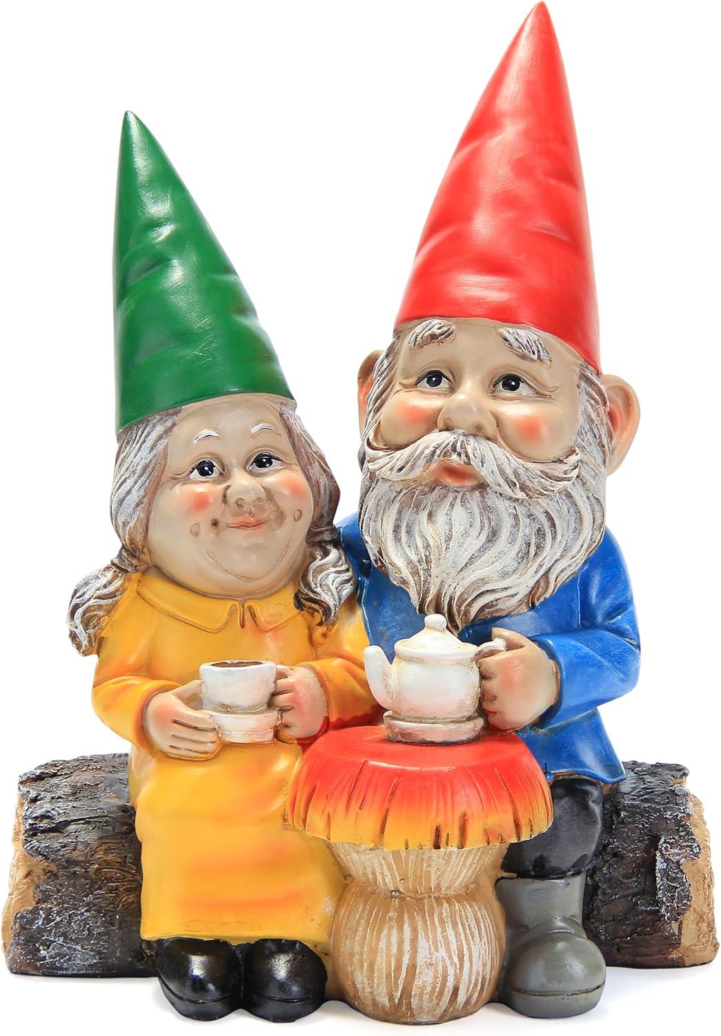 Colorful Resin Couple Gnomes on Log with Mushroom Table